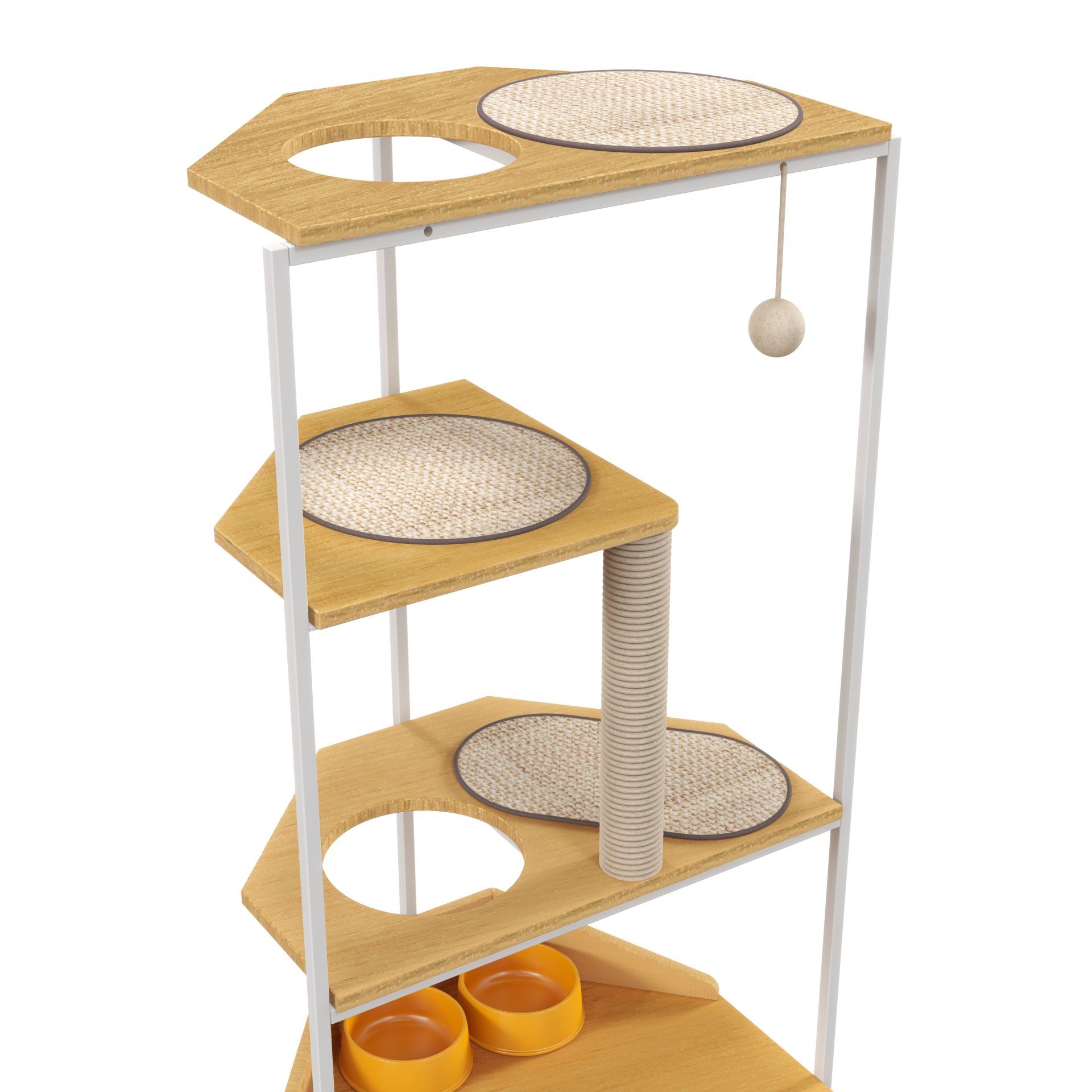 Corner Cat Tower, Cat Tree With Scratching Post, Cat Condo With Feeding Station And Climbing Platforms, Pet Furniture For Indoor Cats - White / Light Oak - Image 5