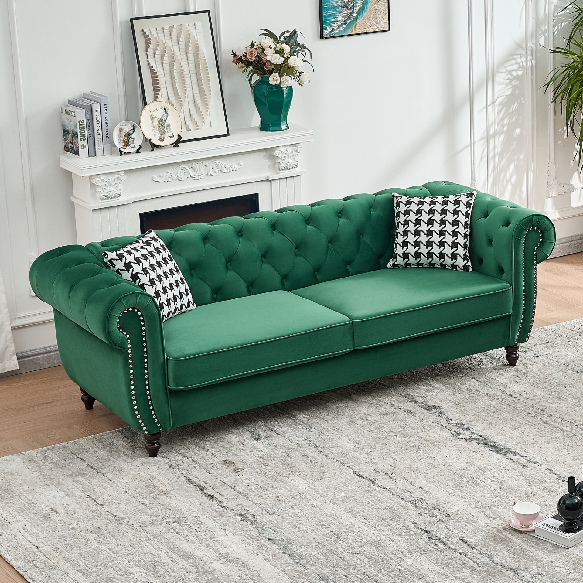 Chesterfield Sofa With Roll Armrest & Nailhead, 3 And 3 Seater Couch - Green - Image 7