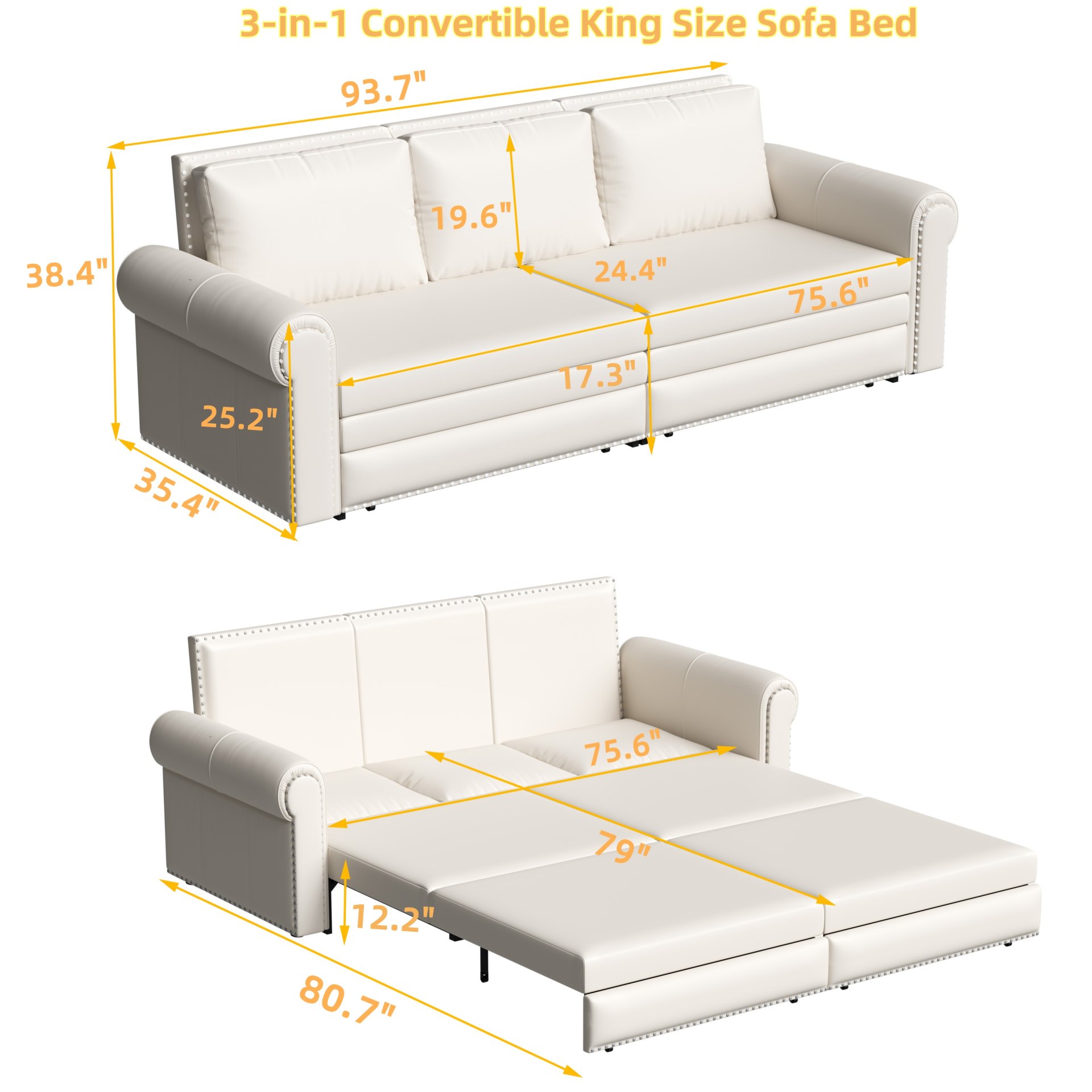 Pull Out Sofa Bed, 3 In 1 Convertible Sleeper Sofa With Nailhead Trim & Rolled Arm, Multi Functional Sofa Bed For Living Room, Bedroom, Apartment, Office - Cream White - Image 3