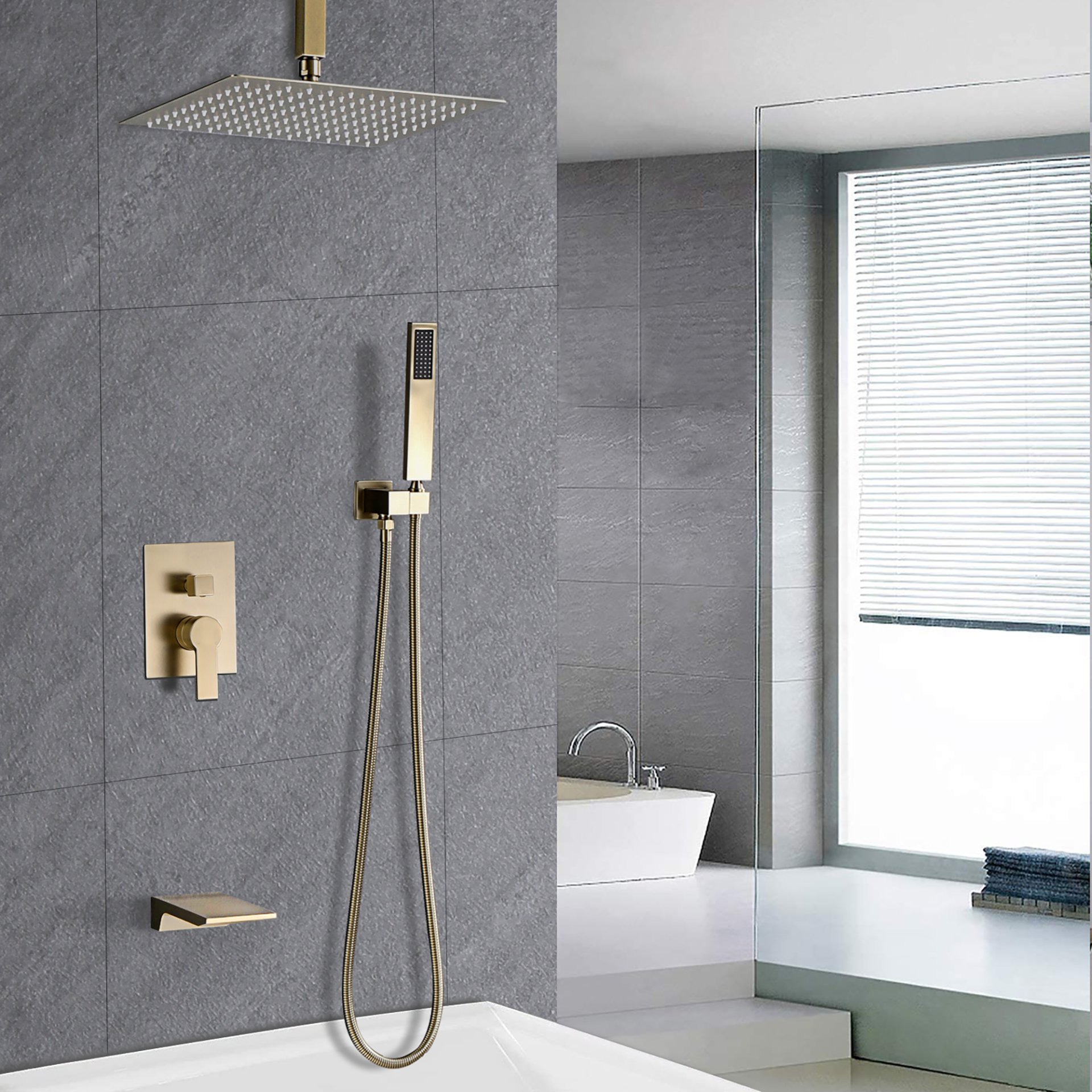 Elegant Shower System High Pressure Rainfall Shower Head With Handheld Spray Stainless Steel - Brushed Gold - Image 5