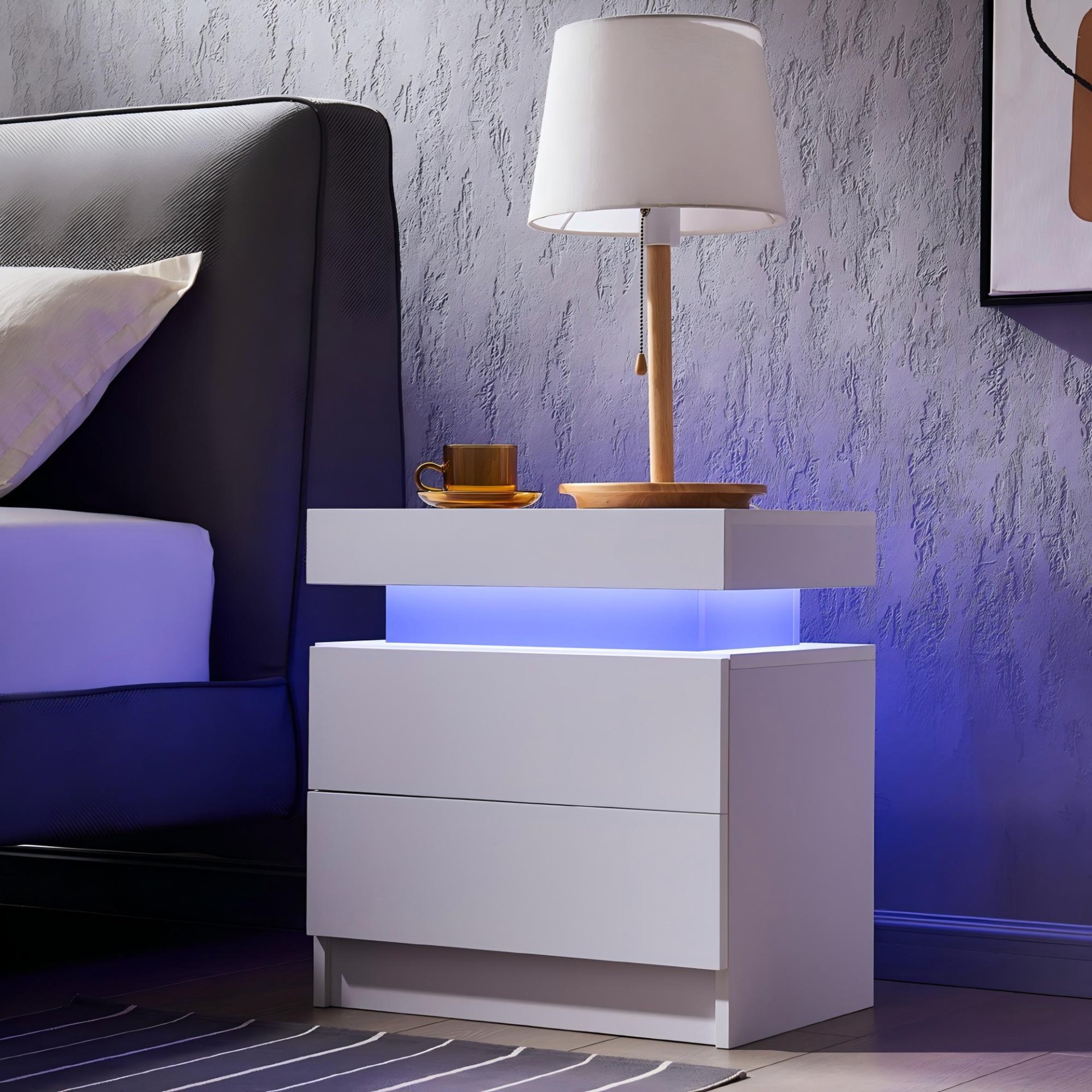 Modern LED Bedside Table Cabinet With Adjustable Lights And 2 Drawers - White - Image 2