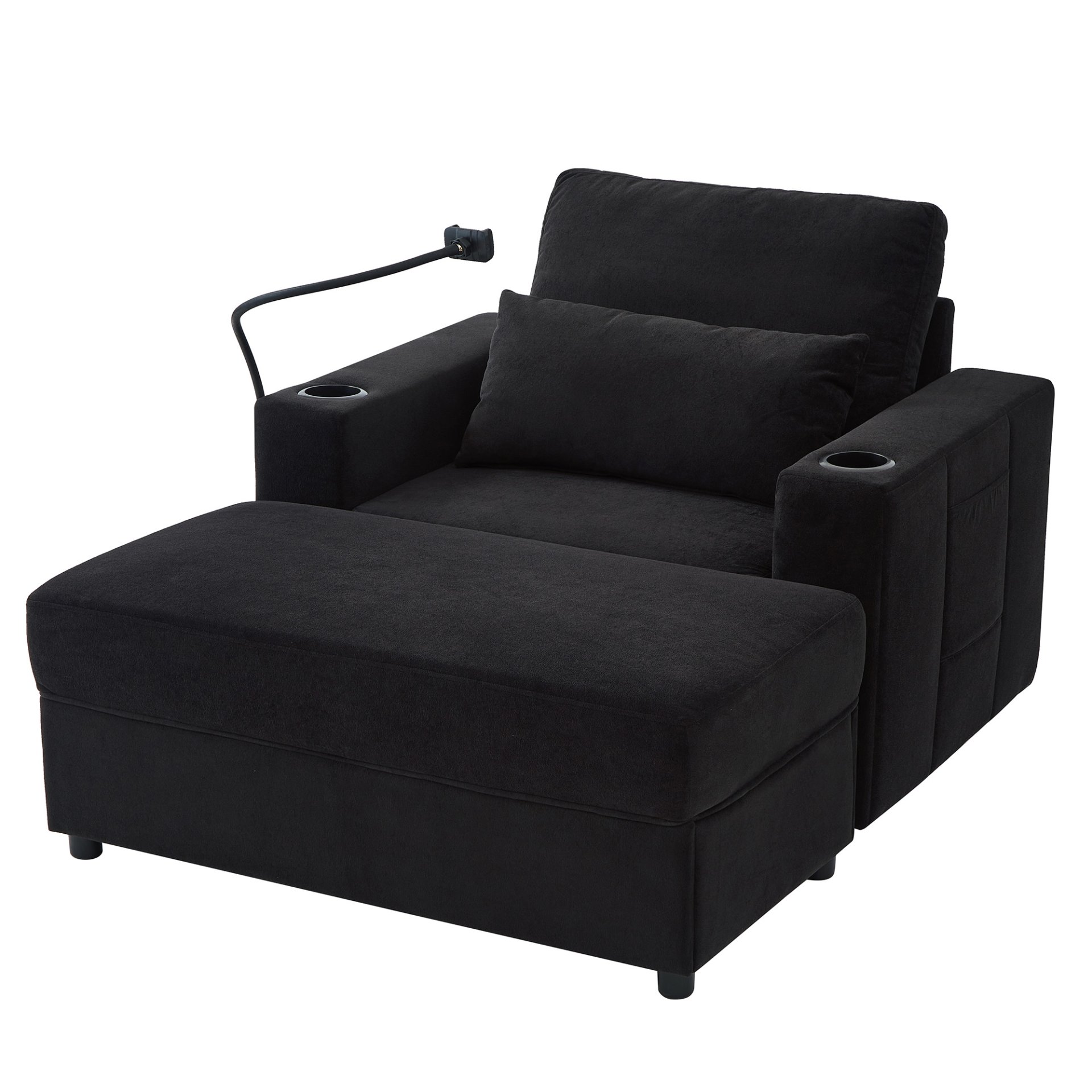 Modern Style Armchair Chaise Lounge Sofa Couch With Movable Storage Ottoman, USB Ports, Cup Holders & Side Pockets Chenille - Black - Image 17