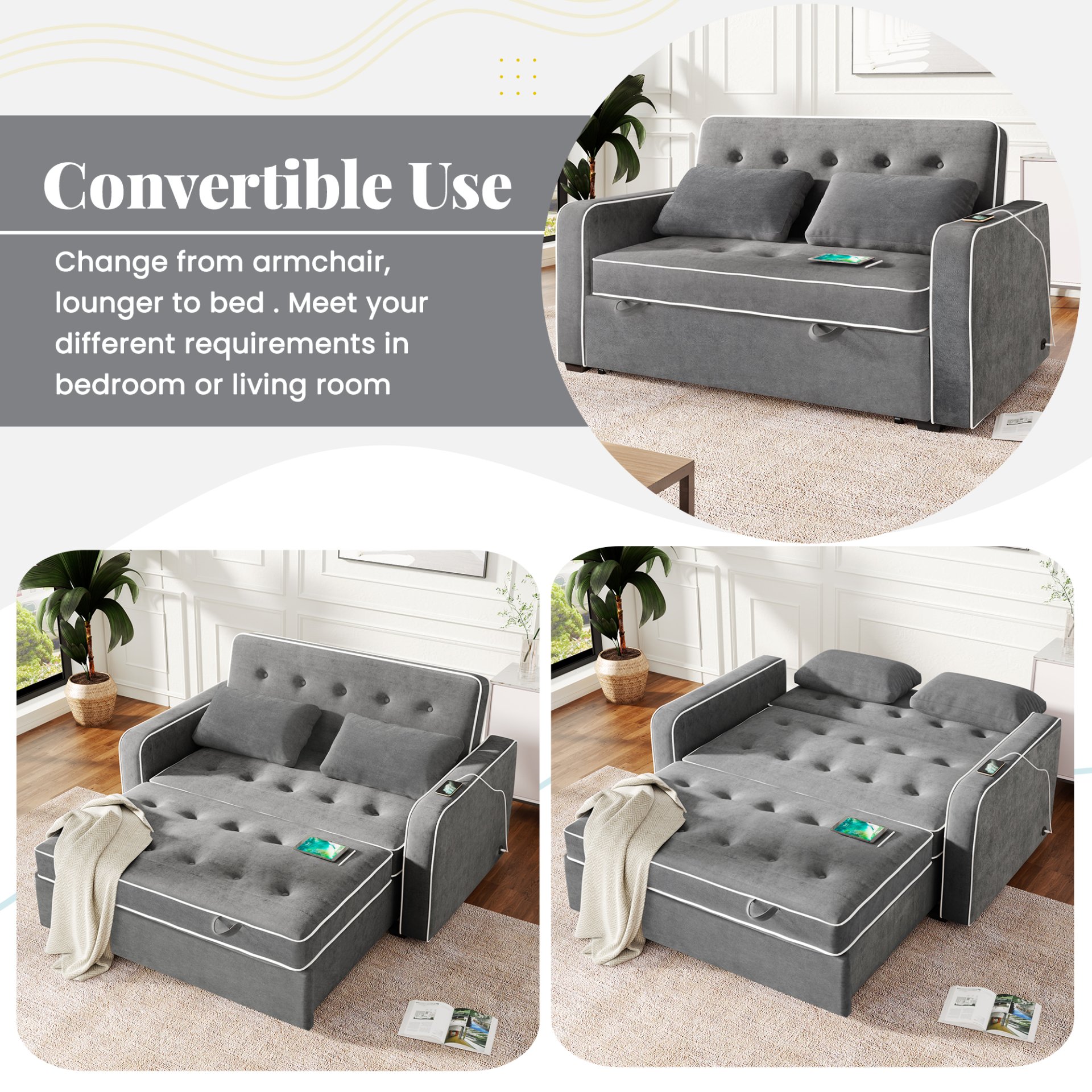 Upholstered Sleeper Bed Sofa With USB Charging, Adjustable Backrest, And Throw Pillows - Charcoal Gray - Image 7