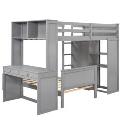 Twin Size Loft Bed With A Stand Alone Bed, Shelves, Desk, And Wardrobe - Gray
