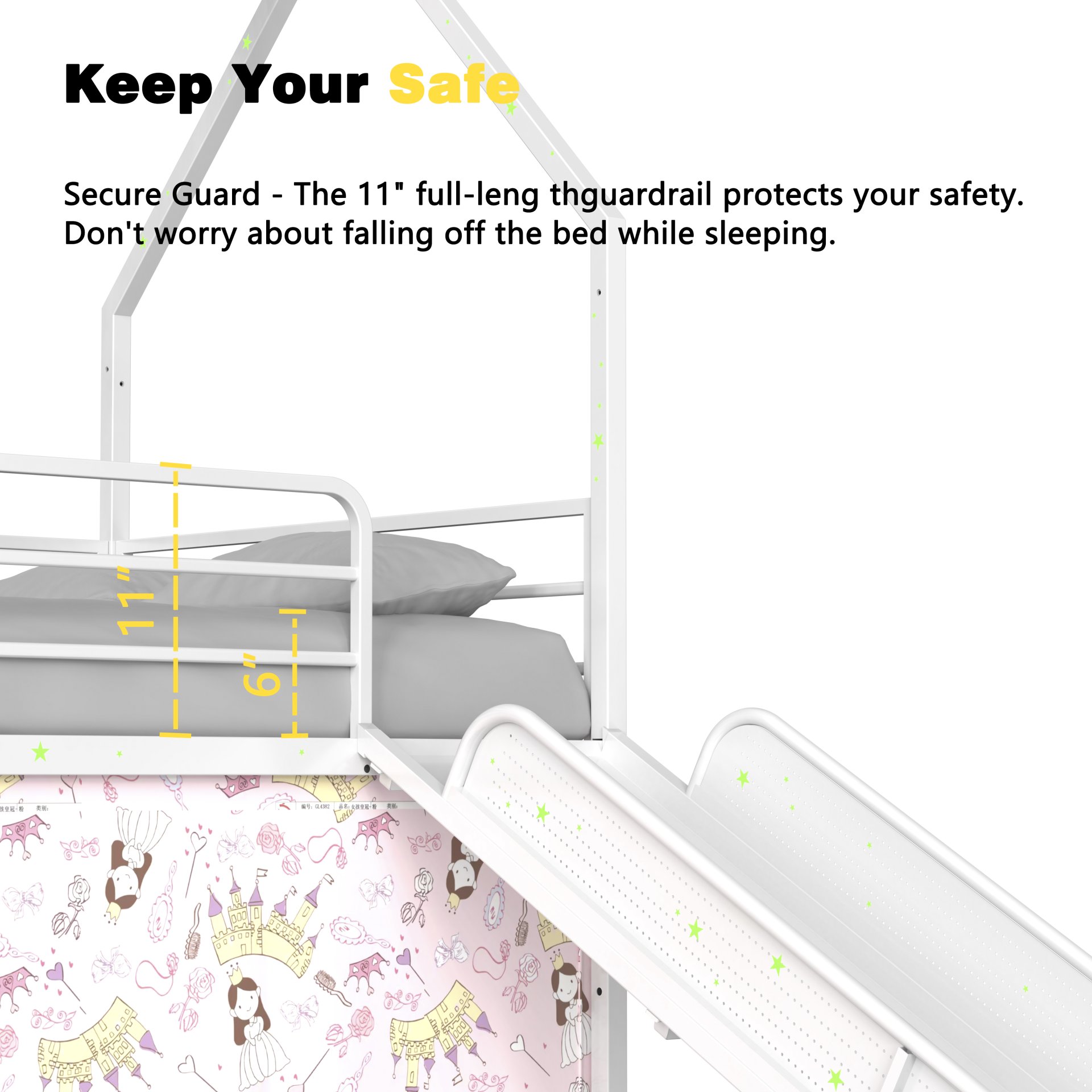 Jack - House Twin Loft Bed With Slide And Curtain Set - White / Pink - Image 17