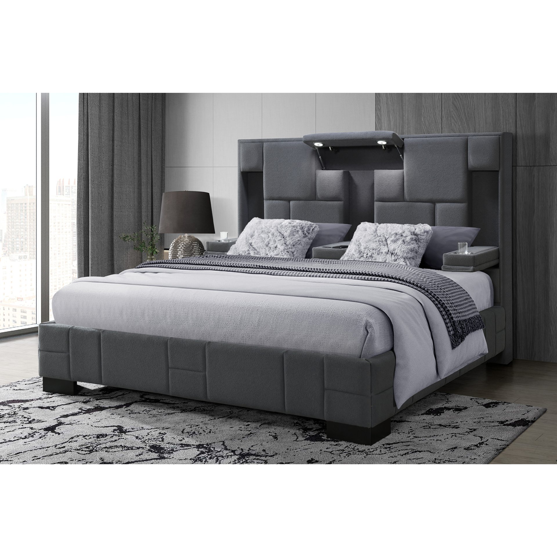 Yaris - King Bed With Wireless Charging And LED Lights - Dark Gray - Image 2