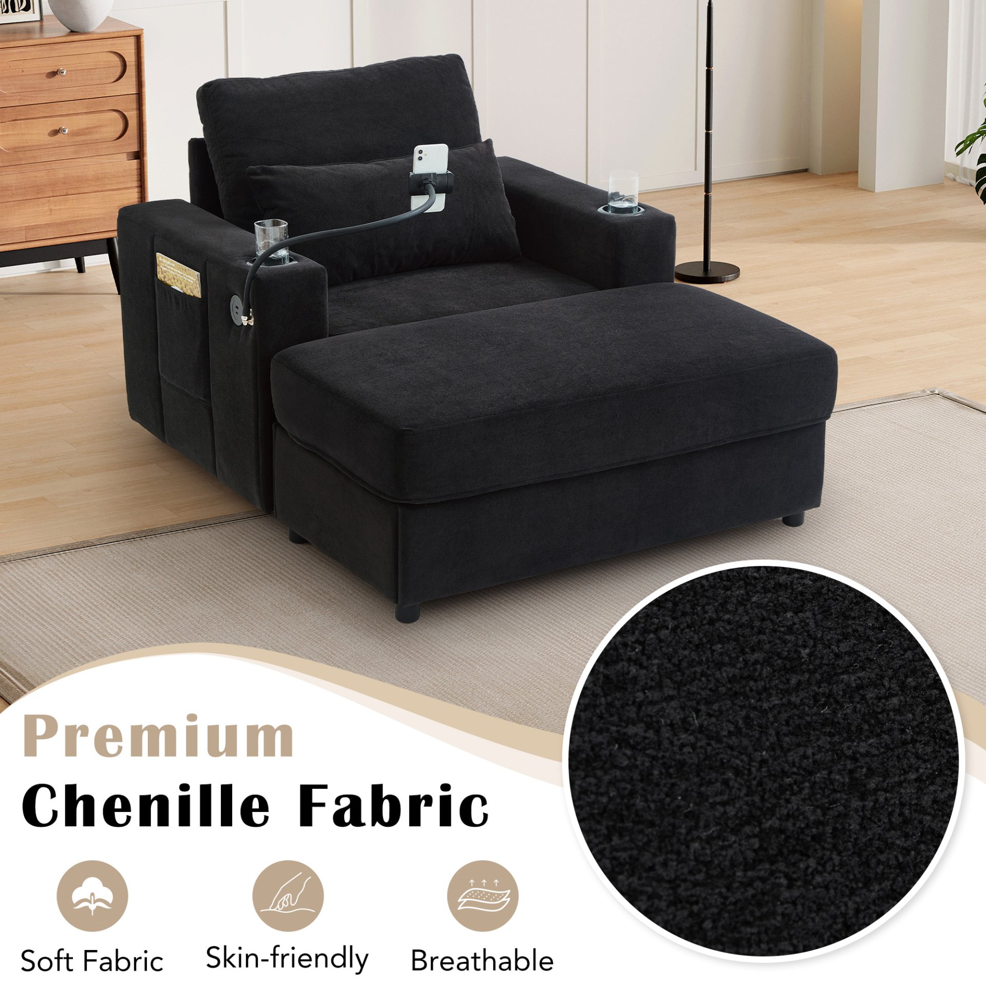 Modern Style Armchair Chaise Lounge Sofa Couch With Movable Storage Ottoman, USB Ports, Cup Holders & Side Pockets Chenille - Black - Image 7