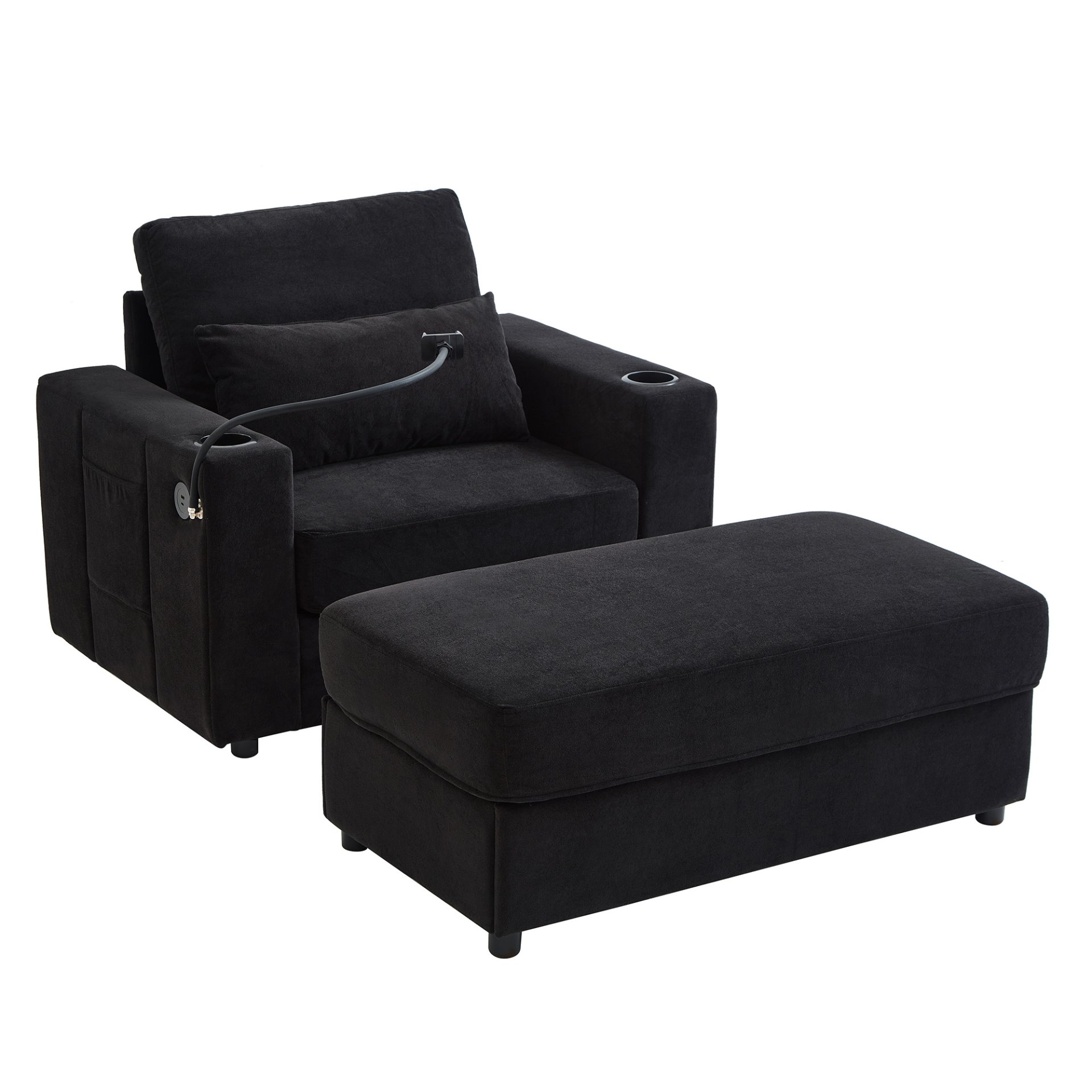 Modern Style Armchair Chaise Lounge Sofa Couch With Movable Storage Ottoman, USB Ports, Cup Holders & Side Pockets Chenille - Black - Image 16