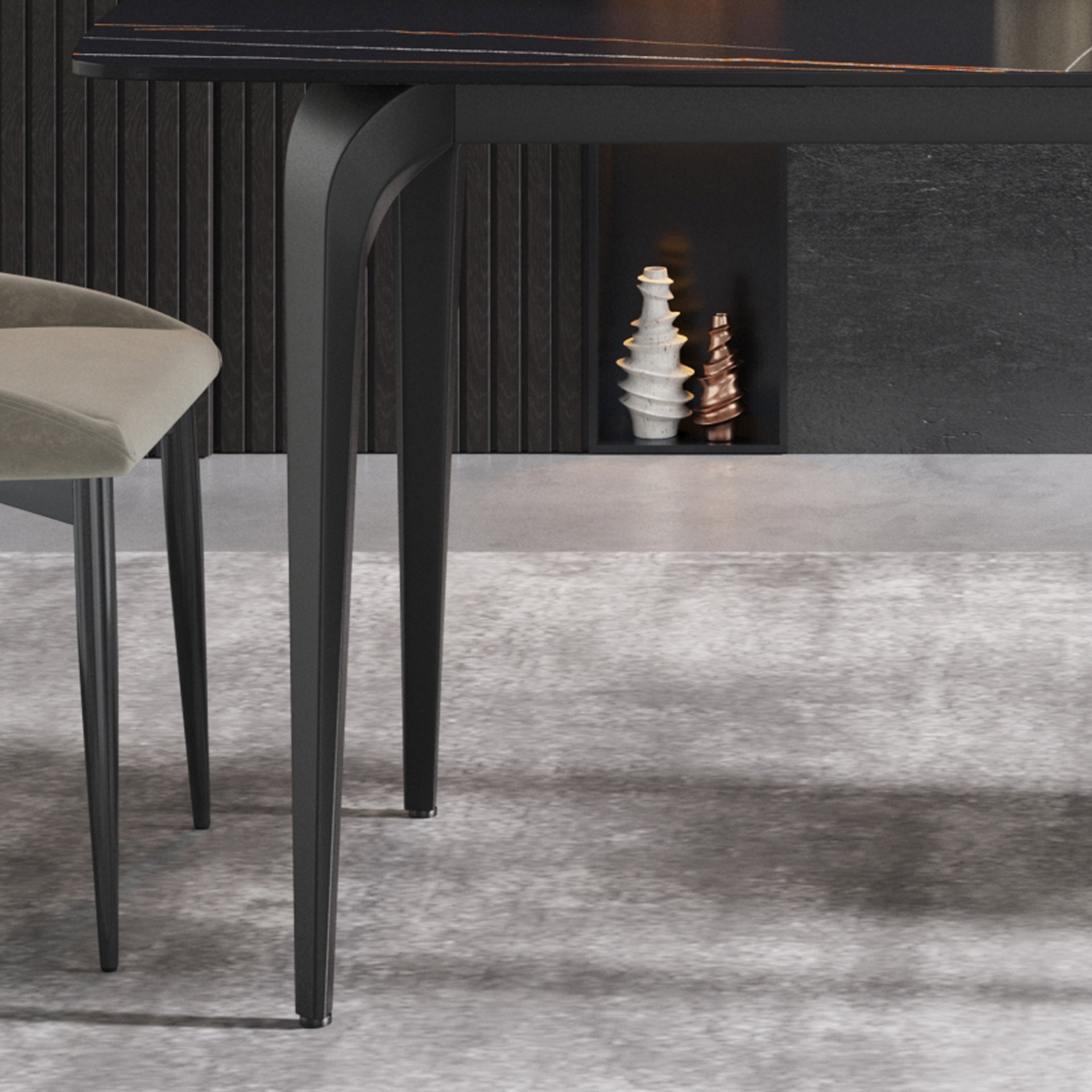 63" Artificial Stone Black Curved Black Metal Leg Dining Table, 6 People - Black - Image 9