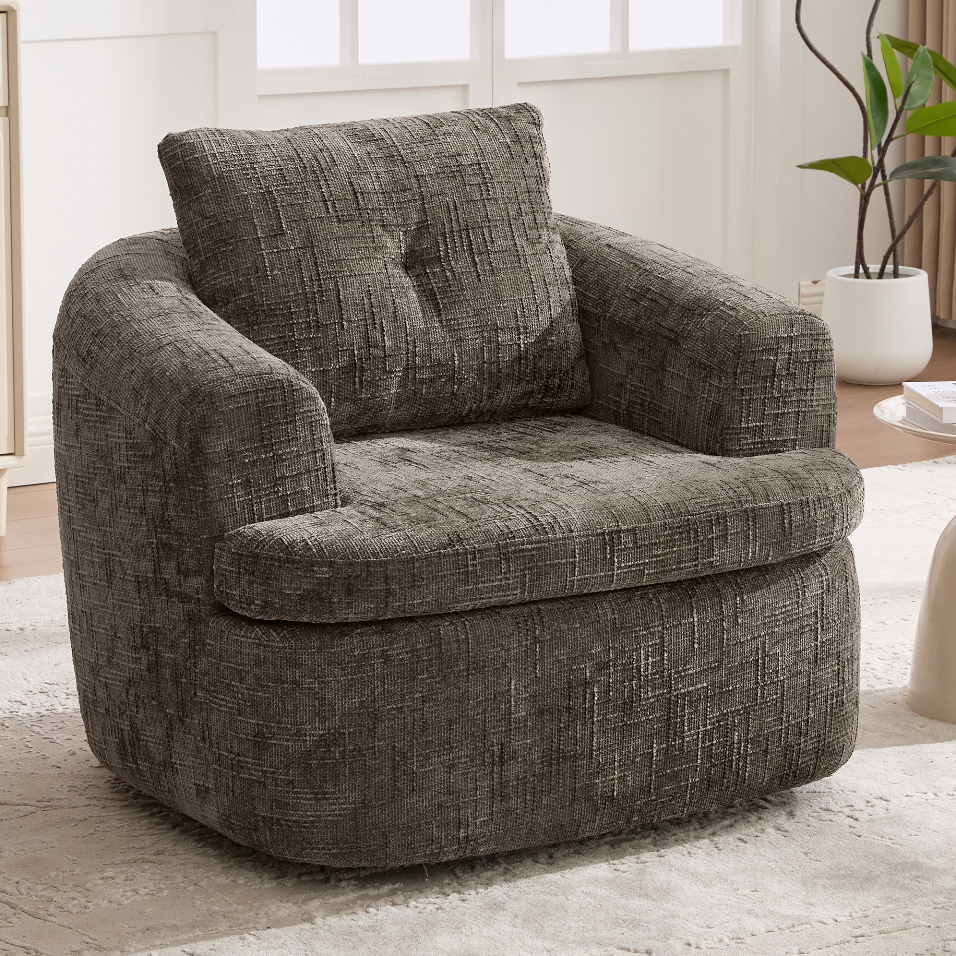 360° Swivel Accent Barrel Chair With Dual Layer Cushion, Round Seating For Living Room - Brown - Image 4