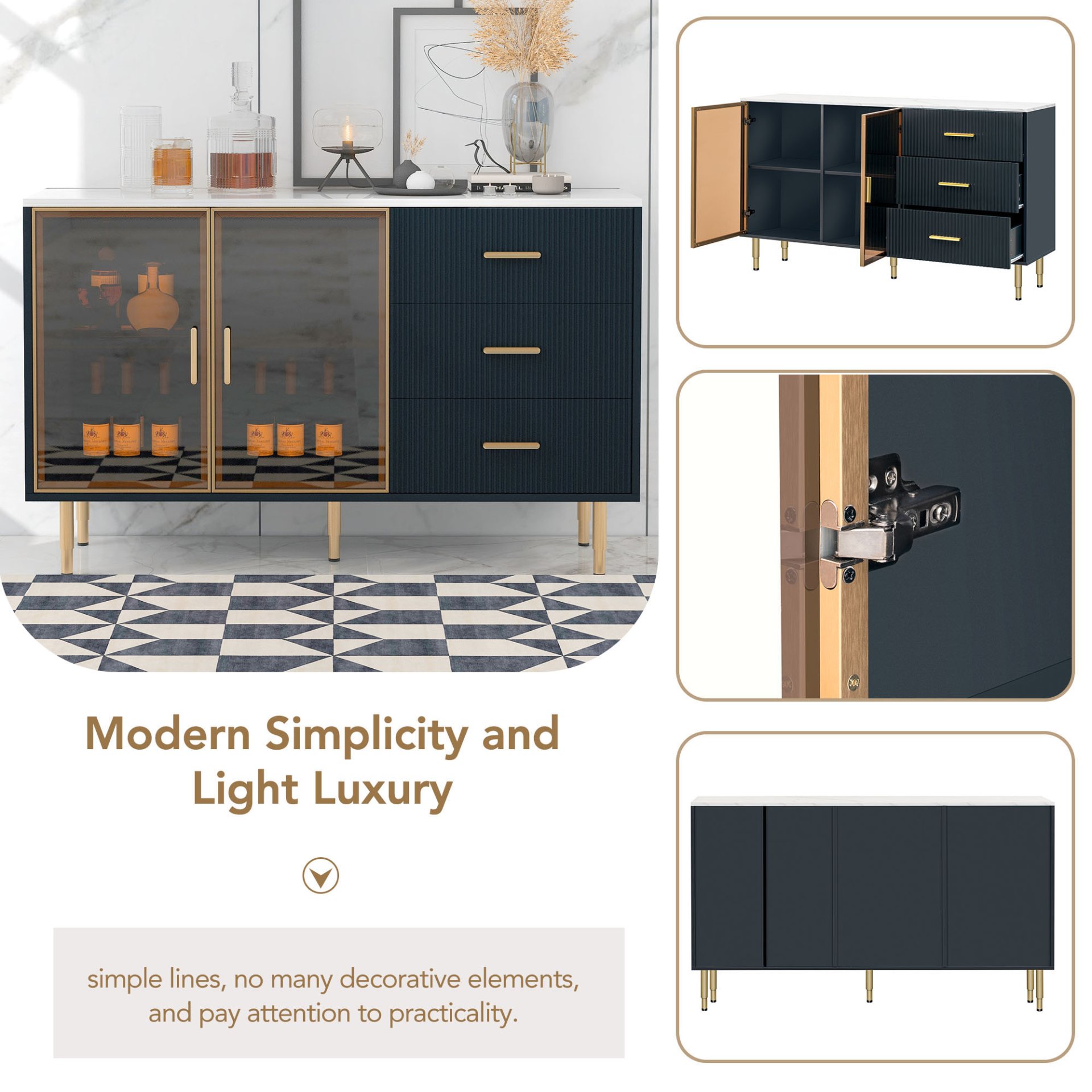 Modern Sideboard Buffet Cabinet Marble Sticker Tabletop And Amber-Yellow Tempered Glass Doors With Gold Metal Legs & Handles - Navy Blue - Image 5