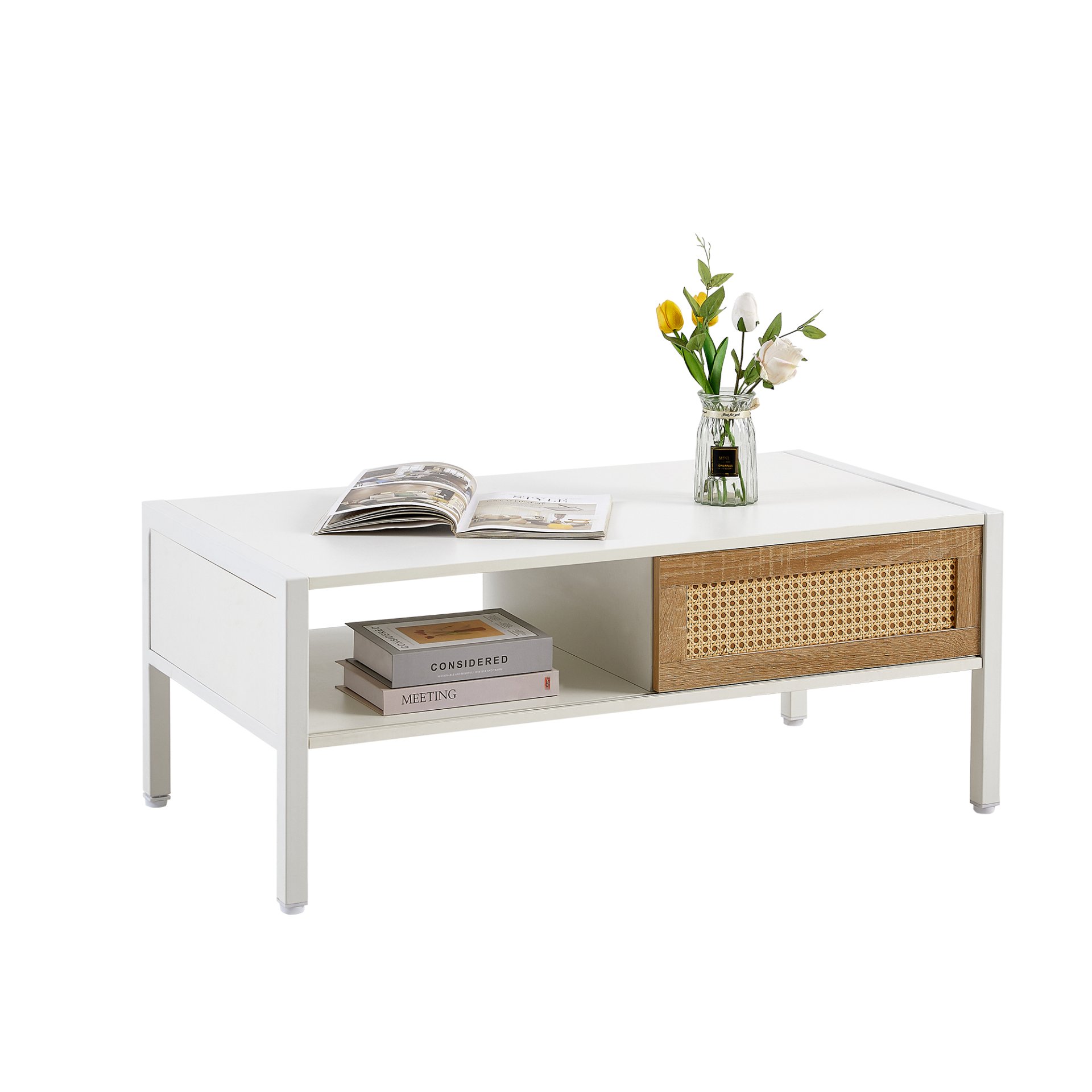 40.16" Rattan Coffee Table, Sliding Door For Storage, Metal Legs, Modern Table For Living Room - White - Image 6