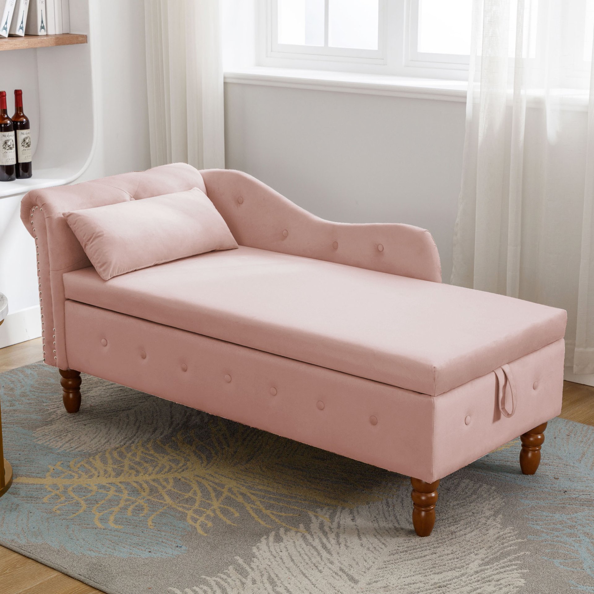Chaise Lounge Indoor, Velvet Lounge Chair For Bedroom With Storage & Pillow, Modern Upholstered Rolled Arm Chase Lounge For Sleeping With Nailhead Trim For Living Room Bedroom Office - Pink - Image 13