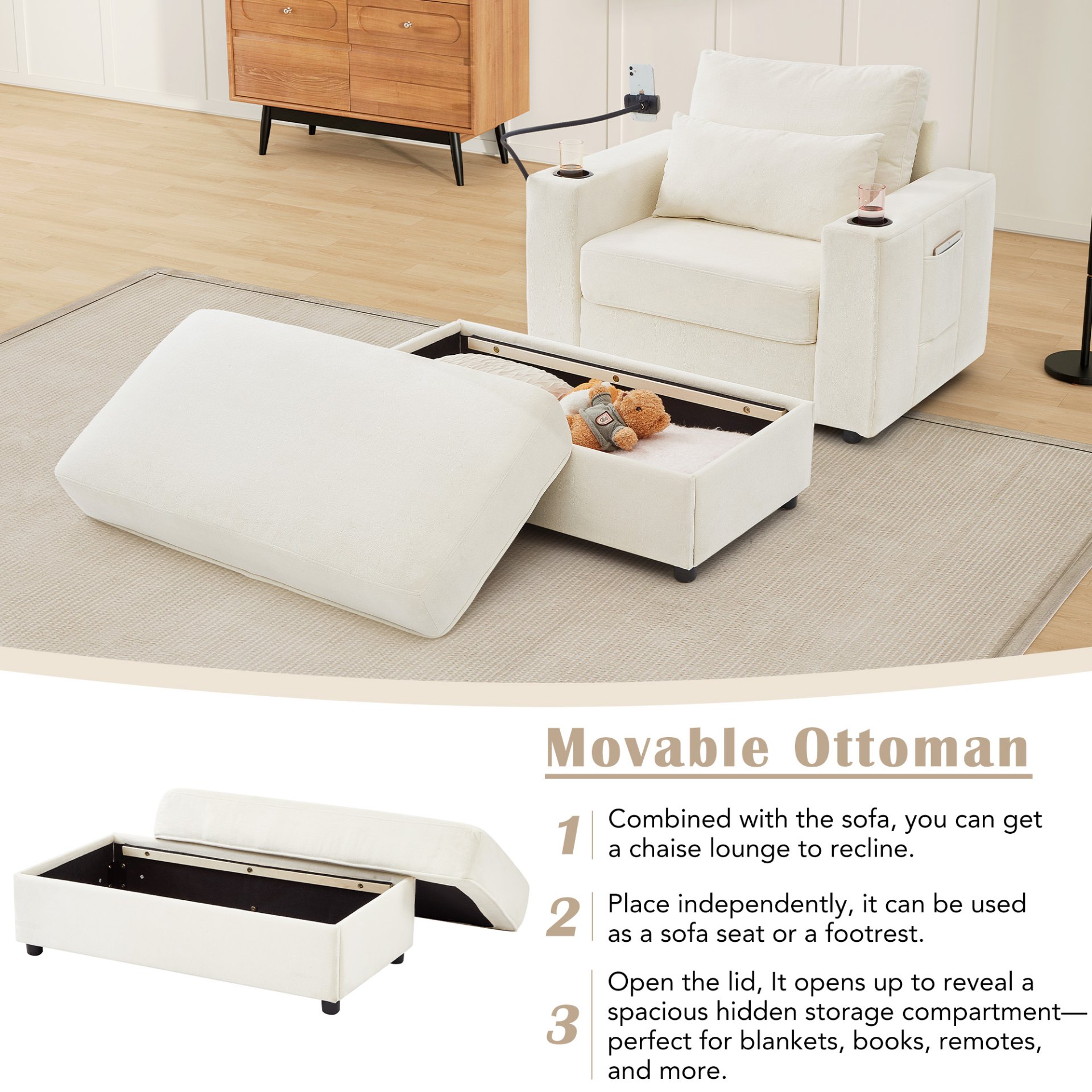 Modern Style Armchair Chaise Lounge Sofa Couch With Movable Storage Ottoman, USB Ports, Cup Holders, Phone Holder Chenille - Beige - Image 5