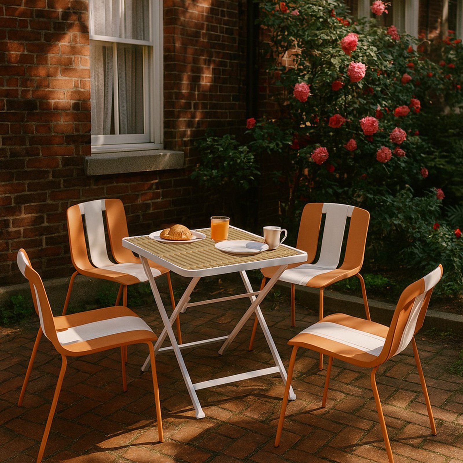 4 Piece Set Of Striped Color Blocking Single Chairs With Folding Square Table - Beige / Khaki / Tropical Orange / White - Image 15