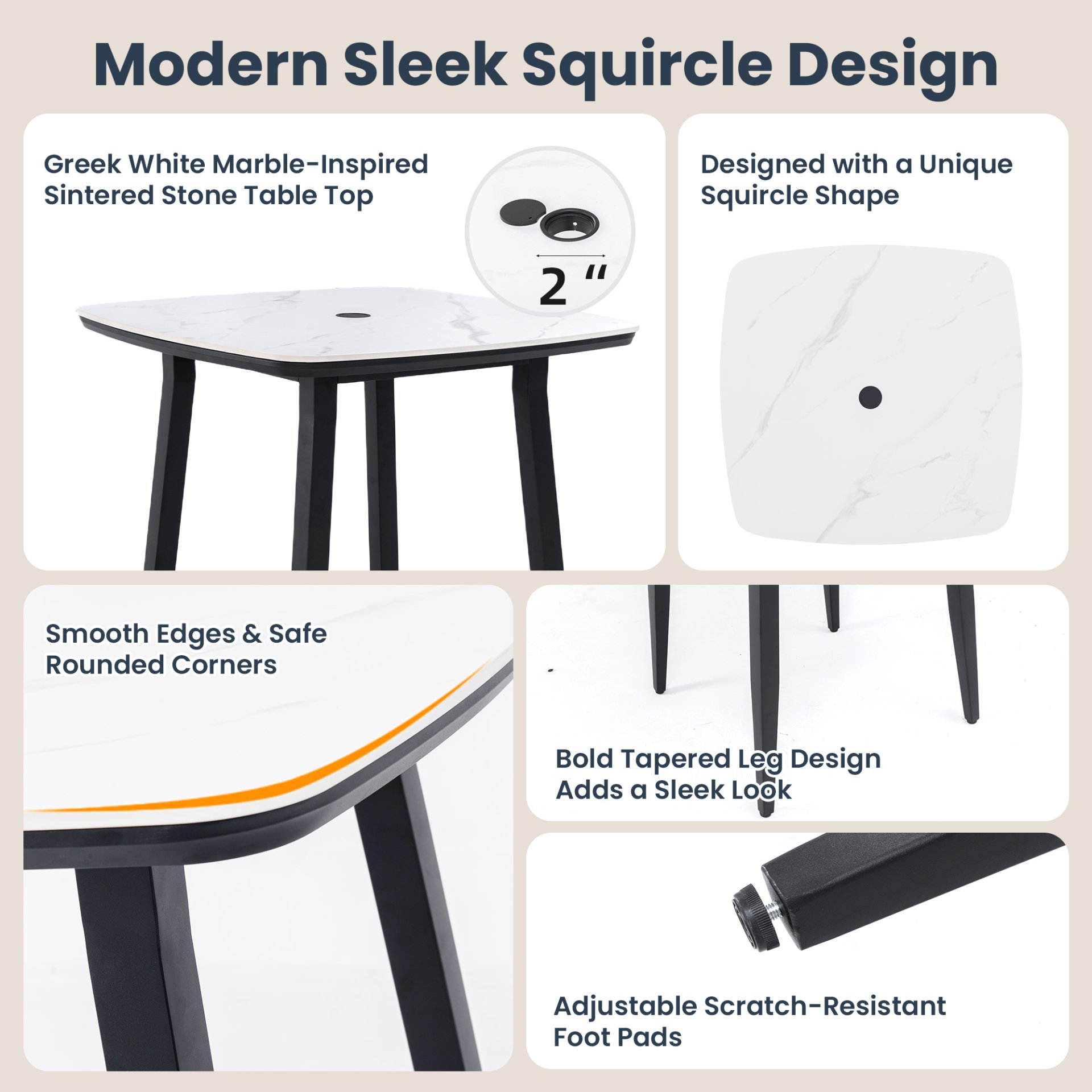 5 Pieces Outdoor Patio Bar Set, Rounded Square Table & 4 Bar Stools - Ember Black Frame / Greek White Marble-Inspired Sintered Stone - Image 8