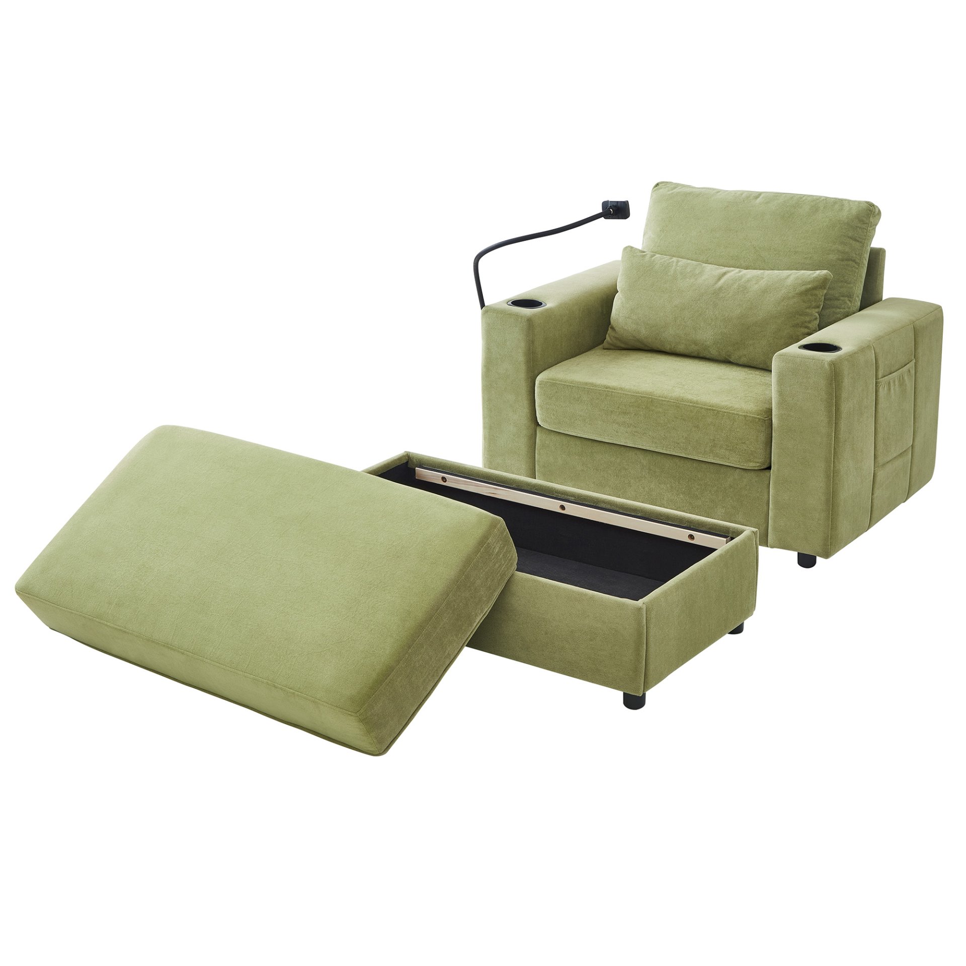 Modern Style Armchair Chaise Lounge Sofa Couch With Movable Storage Ottoman, USB Ports, Cup Holders, Phone Holder, Side Pockets - Green - Image 16