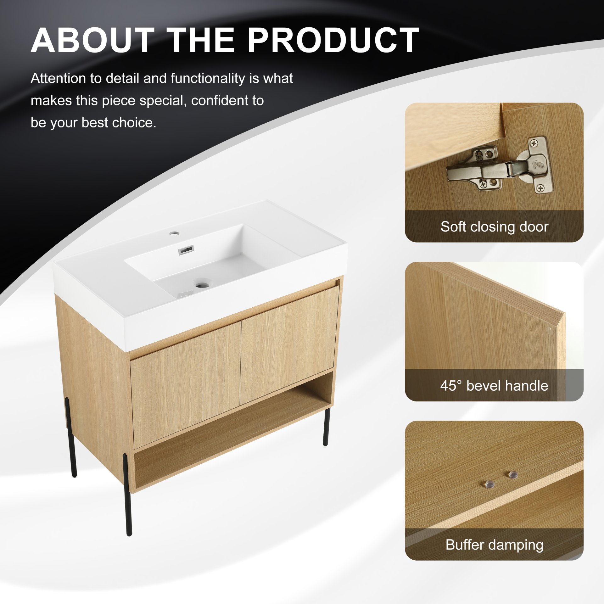 Modern 36" Bathroom Vanity Combo With Single Resin Sink And Storage Cabinet - Oak - Image 5