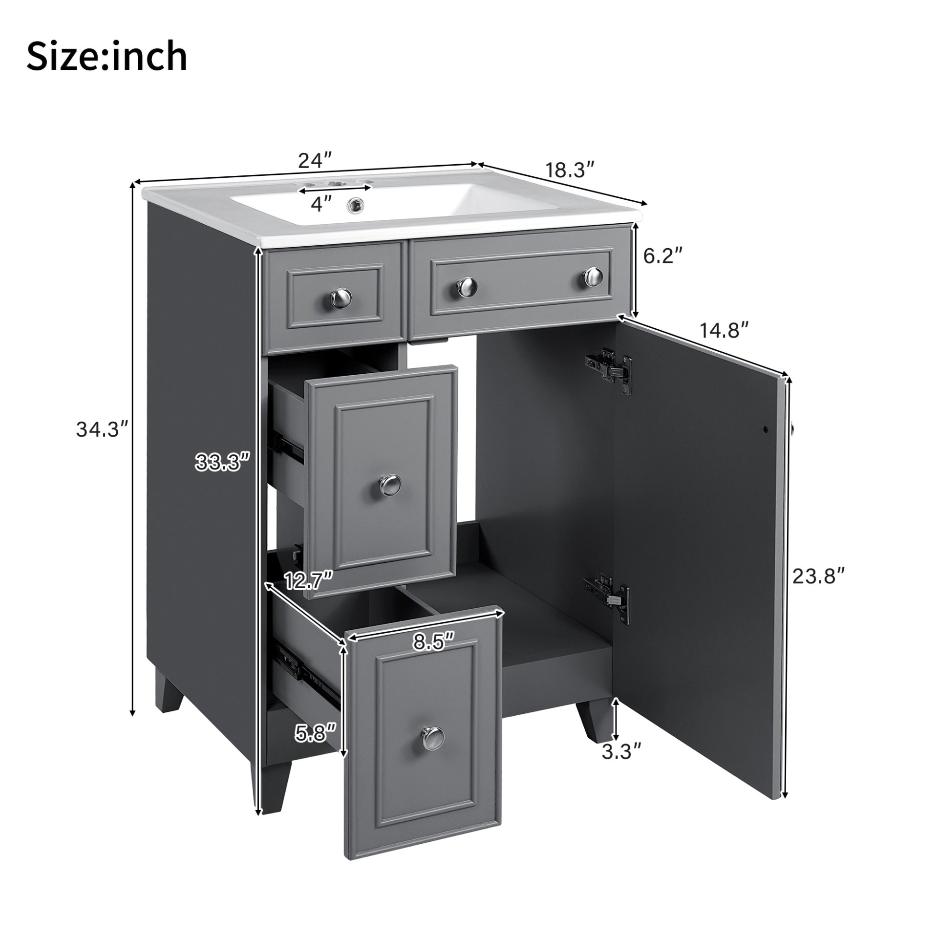 Transitional Bathroom Vanity Cabinet With Sink, 2 Drawers, 1 Soft Close Door - Gray - Image 3
