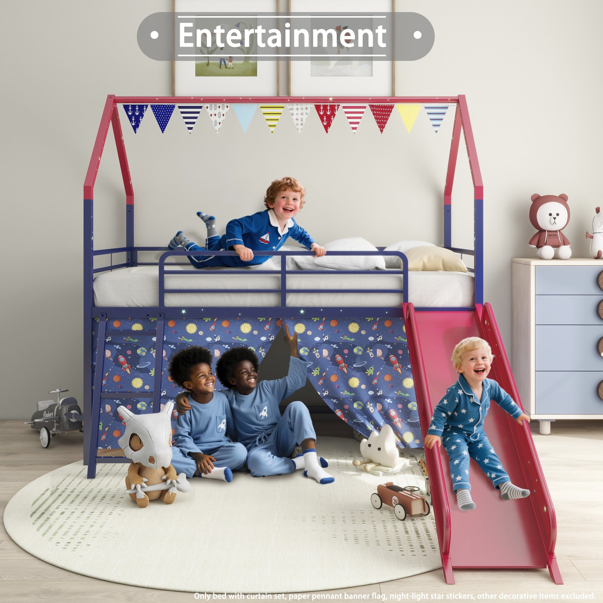 Jack - House Twin Loft Bed With Slide And Curtain Set, Superhero - Blue / Red - Image 10
