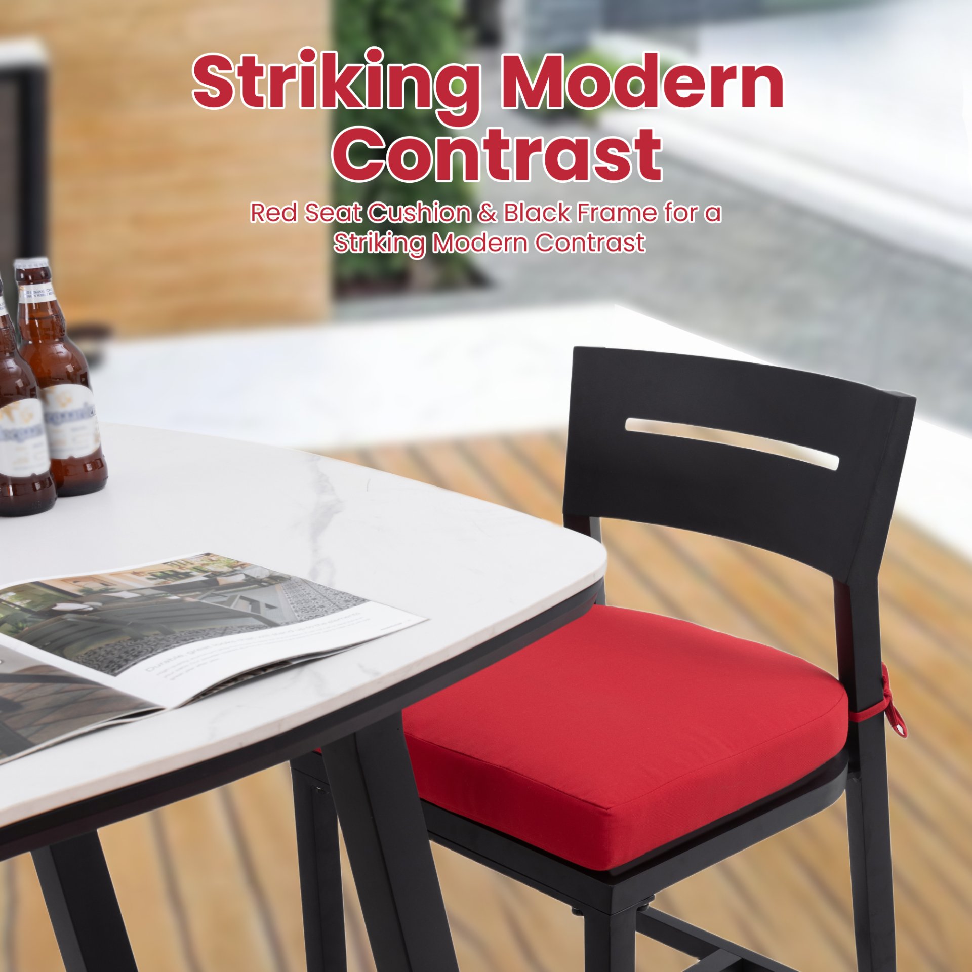 5 Pieces Outdoor Patio Bar Set, Rounded Square Table & 4 Bar Stools - Ember Black Frame / Greek White Marble-Inspired Sintered Stone - Image 4