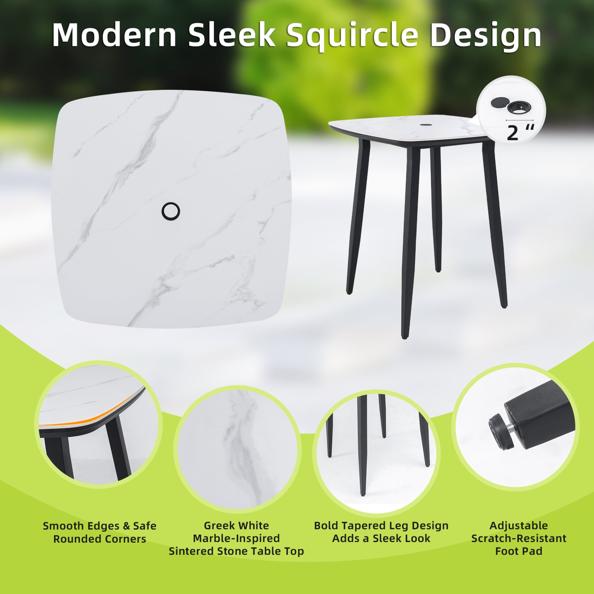 5 Pieces Modern Outdoor Patio Bar Set, Rounded Square Table & 4 Swivel Bar Chairs, Non Rust Frame, Tapered Legs, Sunbrella Cushion - Ember Black / White - Image 6