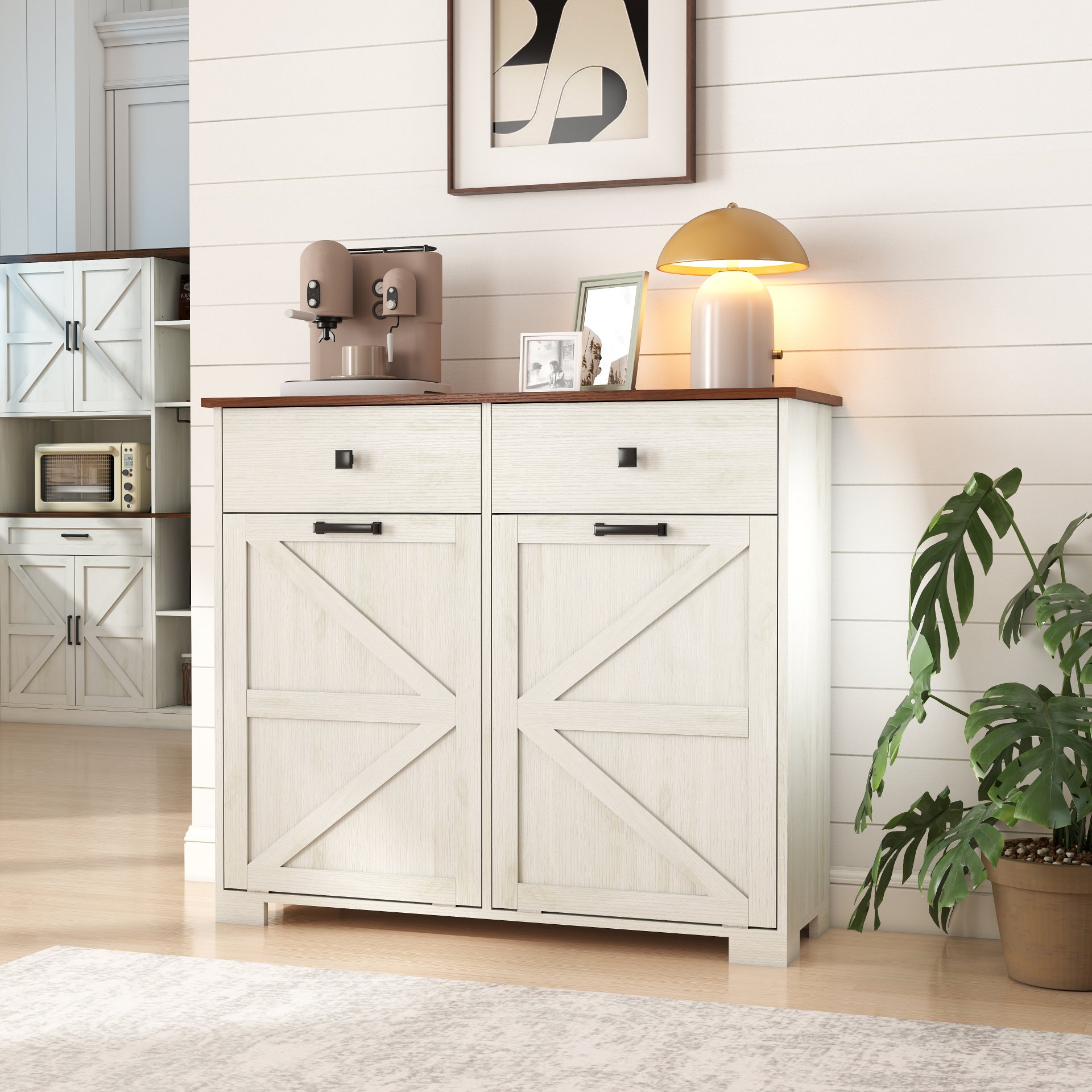 Barn Door Double Tilt Out Trash Cabinet For 20 Gallon Cans With Free Standing Recycling And Laundry Storage - Brown / Antique White - Image 4