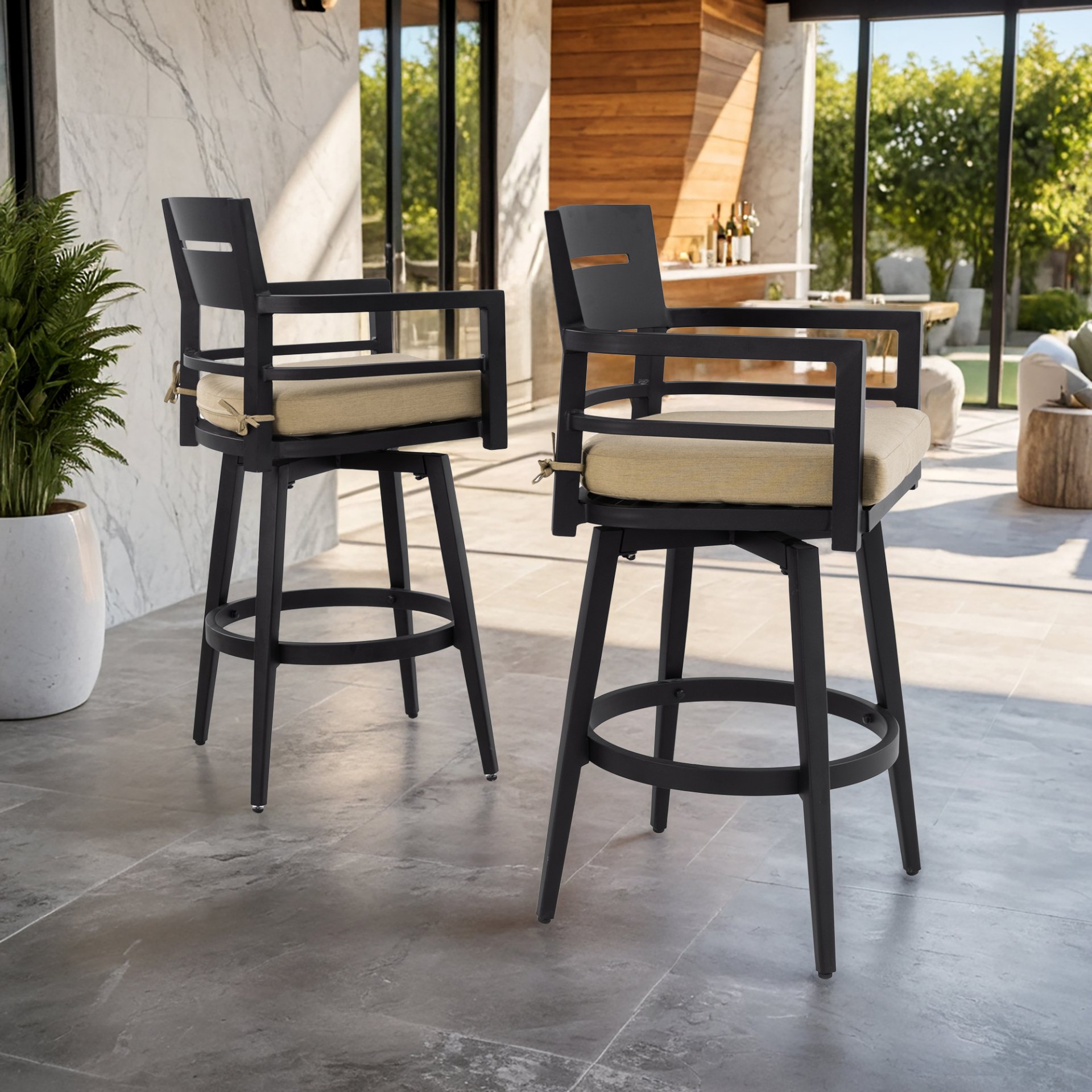 Outdoor Swivel Bar Chairs, 360 Degree Rotation With Ergonomic Backrest (Set of 2) - Ember Black / Linen Sesame - Image 2