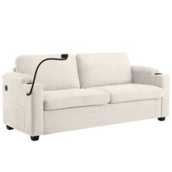 Corduroy Sleeper Sofa Loveseat Sofa With Full Size Mattress, 2 USB Ports, 2 Cup Holders, 2 Side Pockets And A Phone Holder For Living Room - Beige