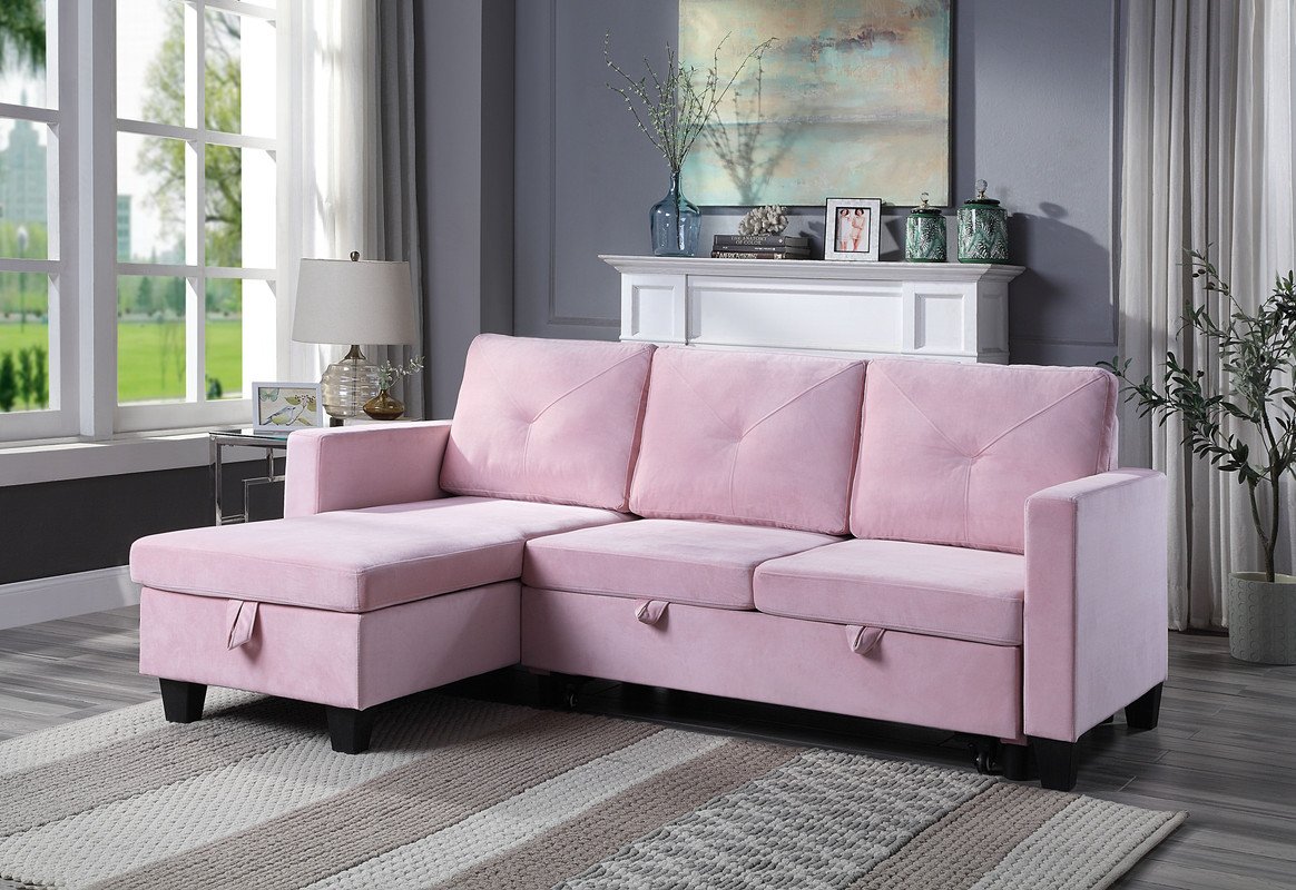 Nova - Velvet Reversible Sleeper Sectional Sofa With Storage Chaise - Pink - Image 3
