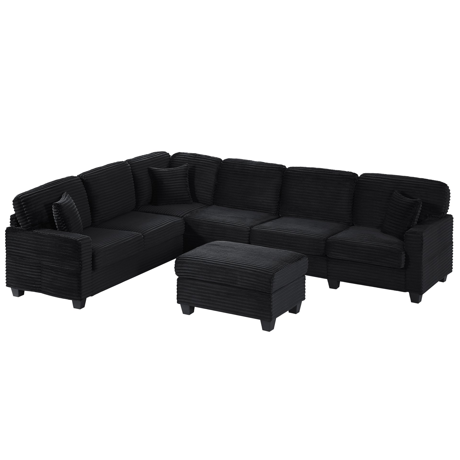 Upholstered U Shaped Sectional Sofa With Movable Ottoman And Side Storage Pockets - Black - Image 15
