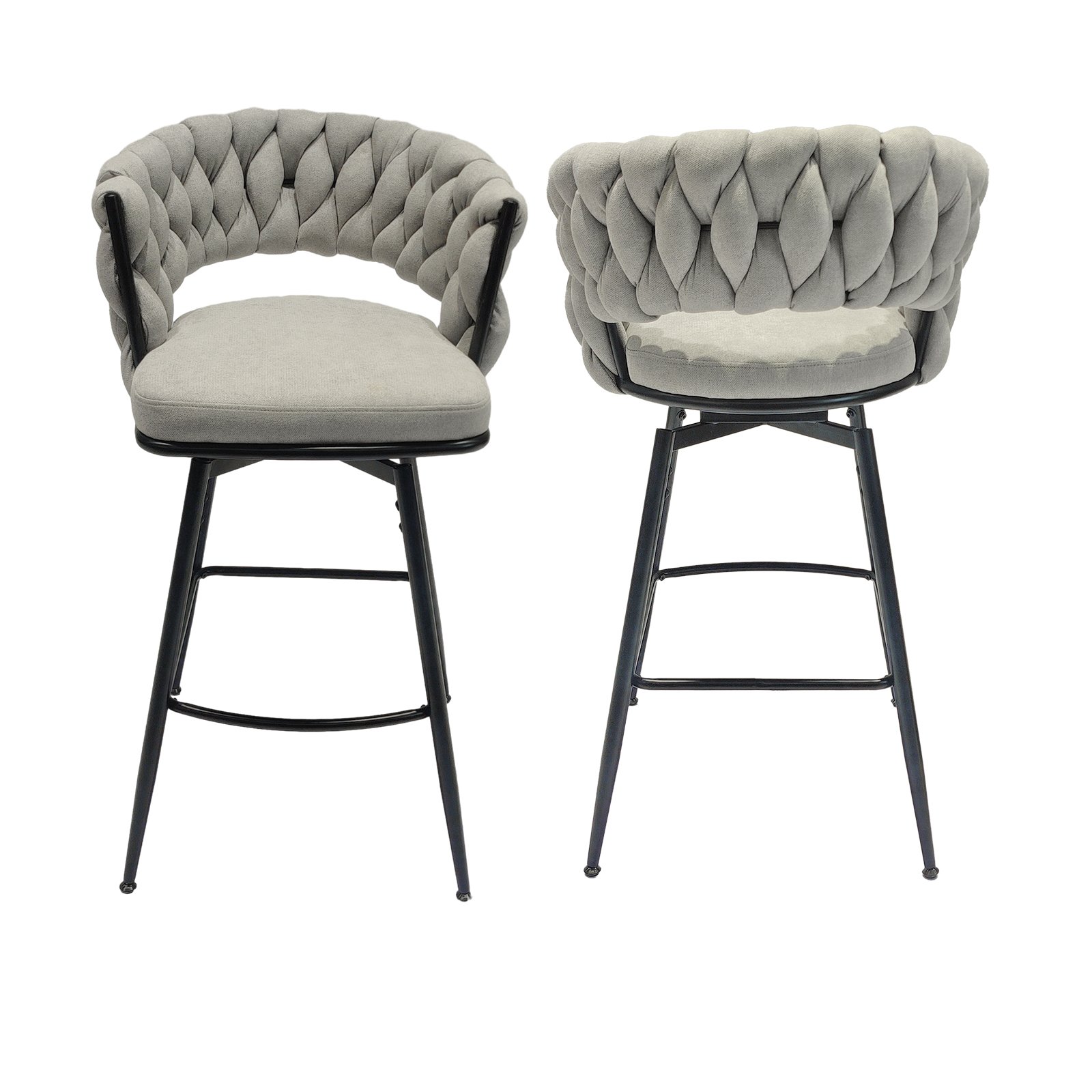 28" Bar Chair Linen Woven Bar Stool (Set of 2) Upholstered With Legs, 360 Swivel, Counter Arm Chairs With Back Footrest - Gray - Image 5