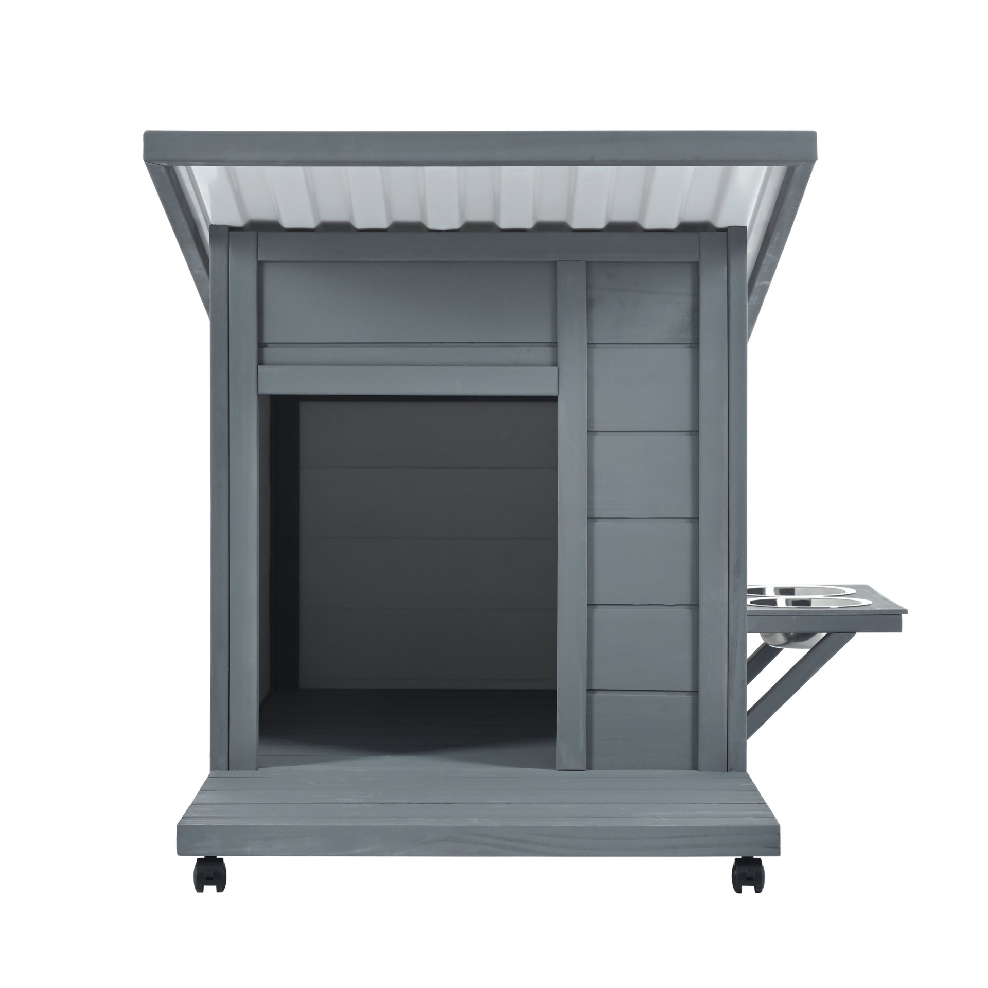 Modern Design Outdoor Dog House With Food Bowl And Wheels Pine - Gray / White - Image 8