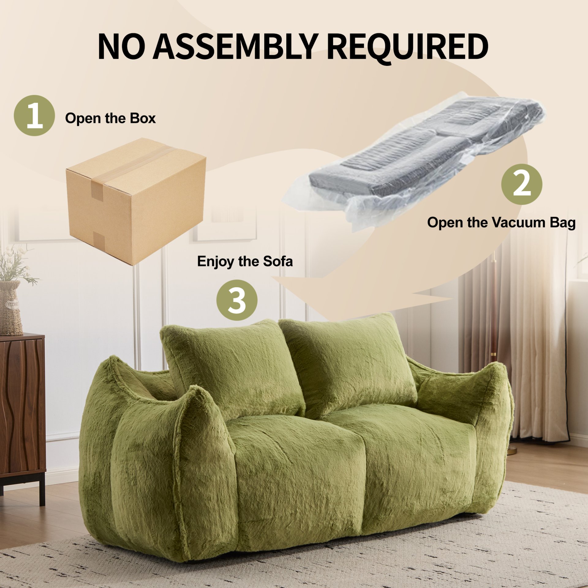 Giant Bean Bag Couch, Ultra Soft Fluffy Loveseat For Living Room Reading Chair With Pillows - Green - Image 7