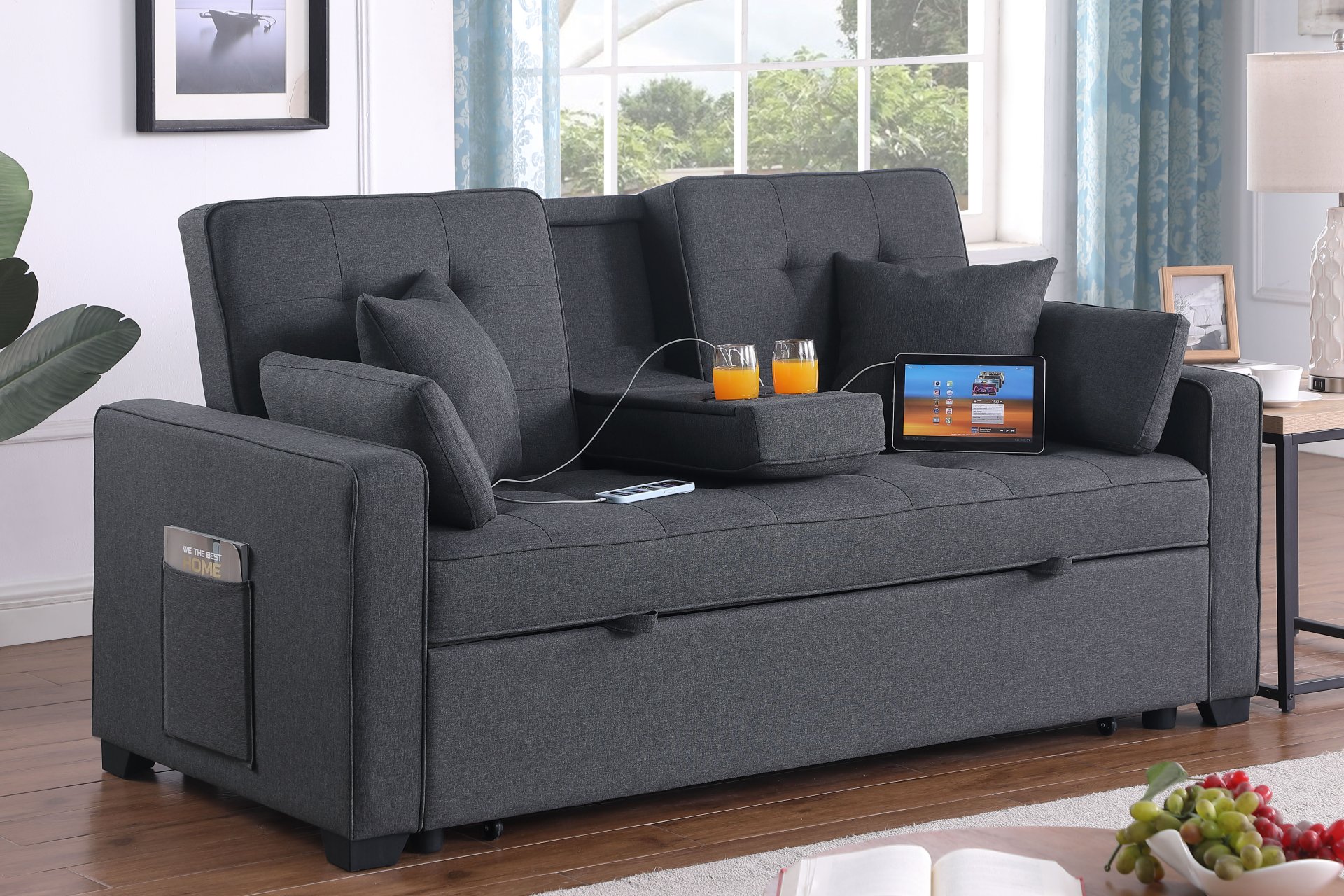 Cody II - Convertible Sleeper Loveseat With Cup Holder, Charging Ports and Pocket - Dark Gray - Image 2
