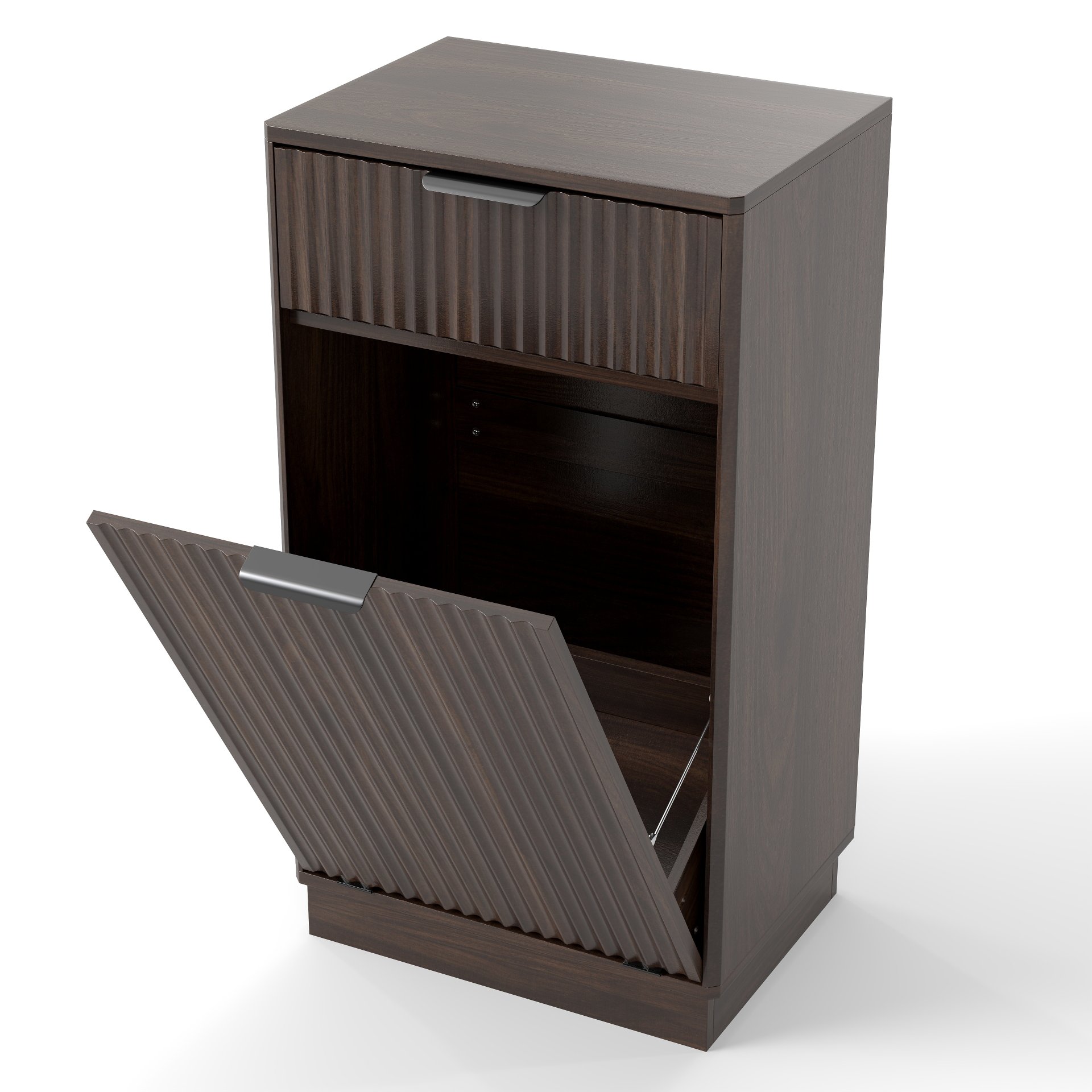 Tilt Out Trash Can Cabinet With Wave Textured Drawer & Pull Out Bin - Walnut - Image 15