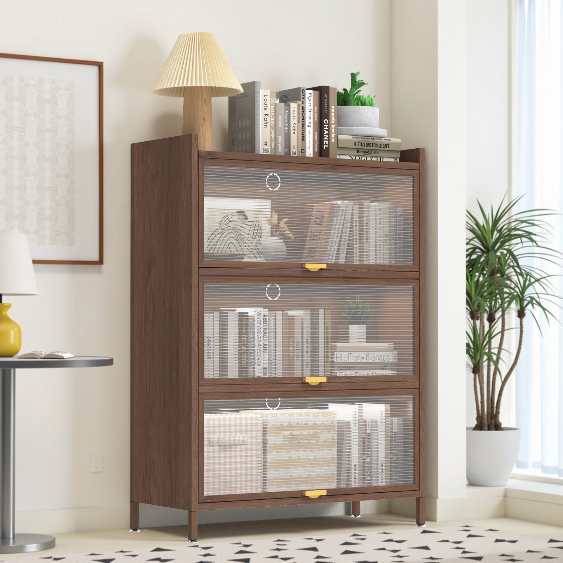 3 Flip Doors Cabinet, With Ample Storage Space For Living Room - Walnut - Image 2