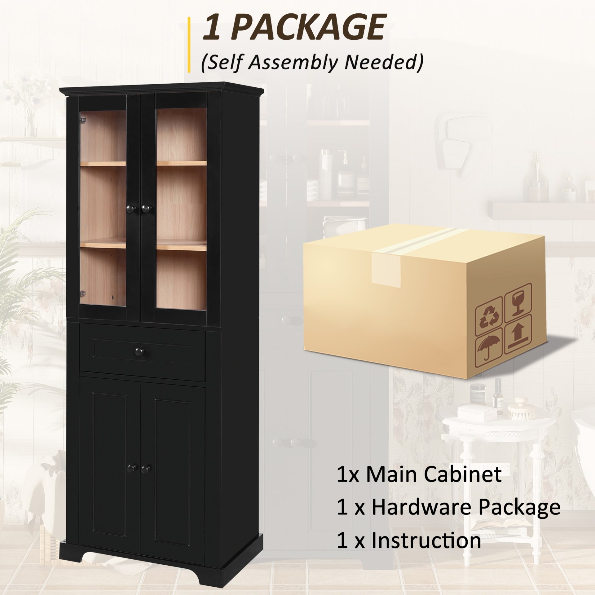 Bathroom Storage Cabinet, Adjustable Shelves & Drawer, Freestanding Linen Tower - Black - Image 10