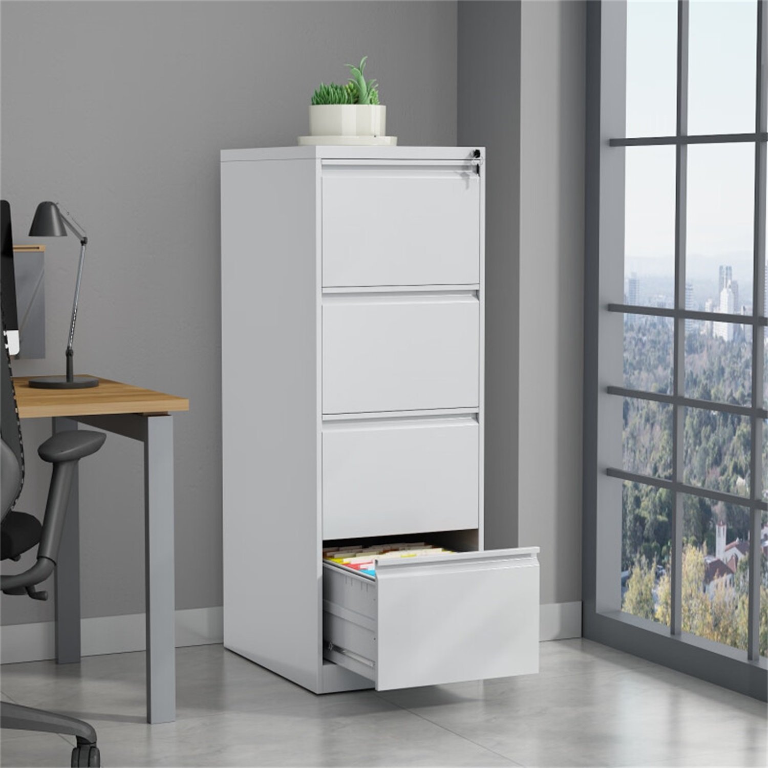 Steel Vertical File Cabinet With Lock, 4 Drawer, Metal Storage For A4 / Legal / Letter Size - White - Image 5
