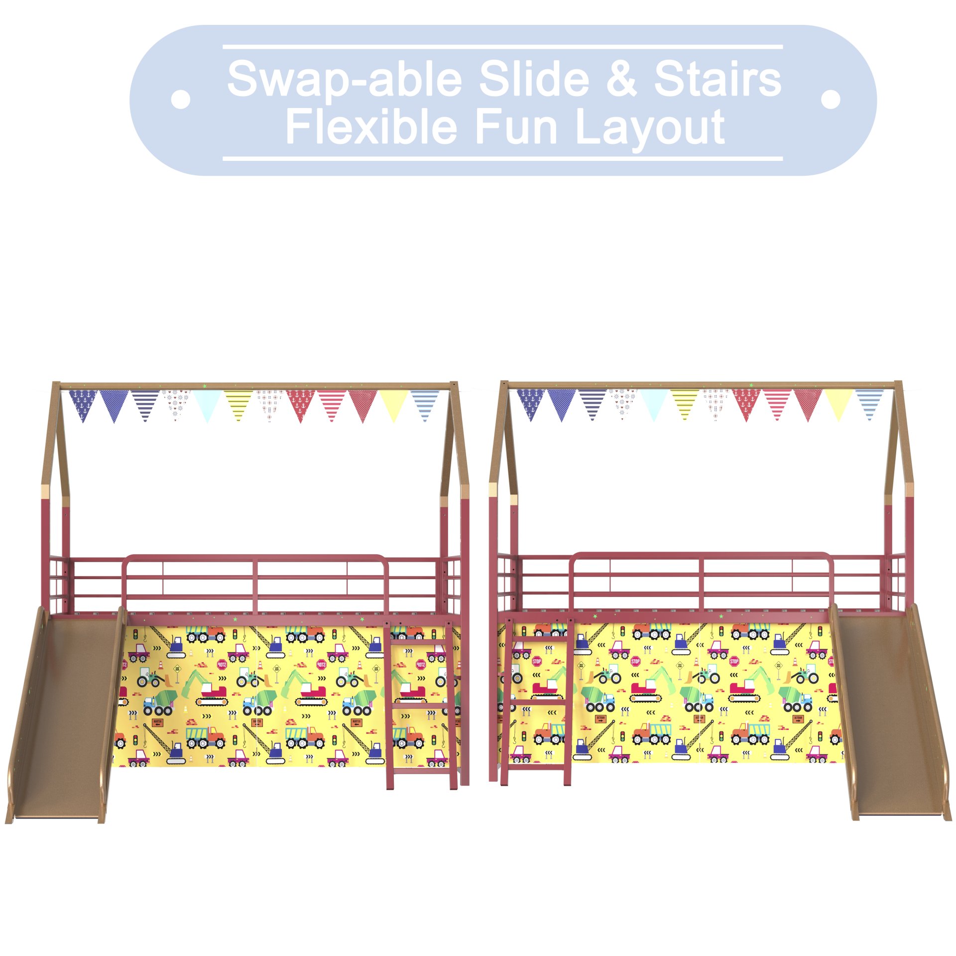 Jack - House Twin Loft Bed With Slide And Curtain Set, Superhero - Gold - Image 16