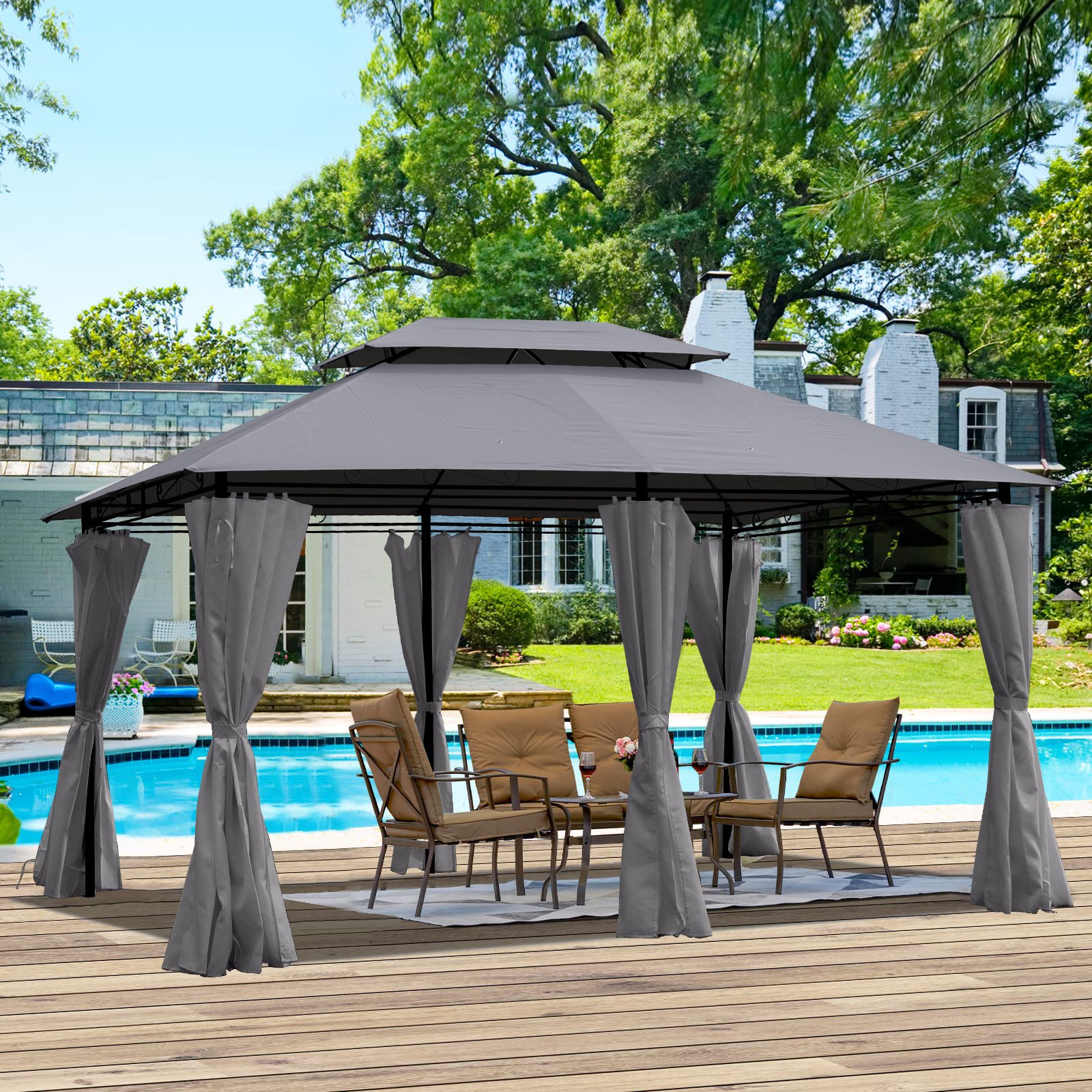 13 0 Ft Outdoor Patio Gazebo Canopy Tent With Ventilated Double Roof And Side Wall (Detachable Curtain Included On All Sides) Suitable For Lawn Garden Backyard And Deck - Gray - Image 2
