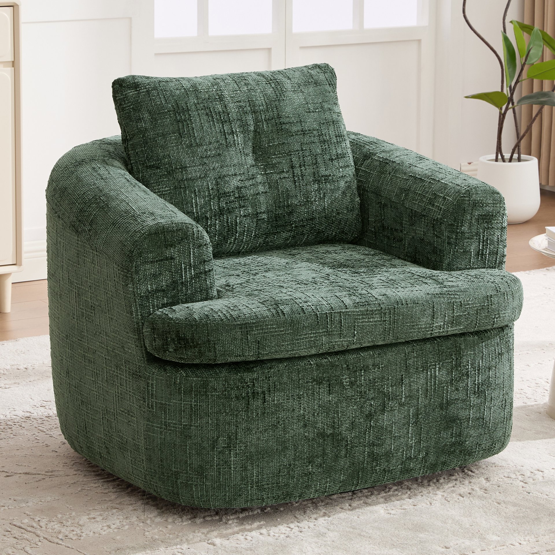 360° Swivel Accent Barrel Chair With Dual Layer Cushion, Round Seating For Living Room - Green - Image 4