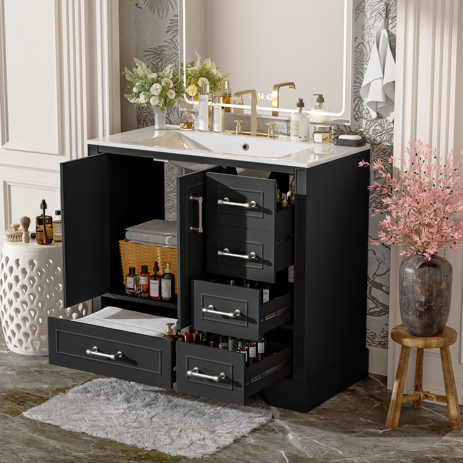 Traditional 36" Bathroom Vanity With Sink And Cabinet With Soft Close Doors And Drawers - Black - Image 3