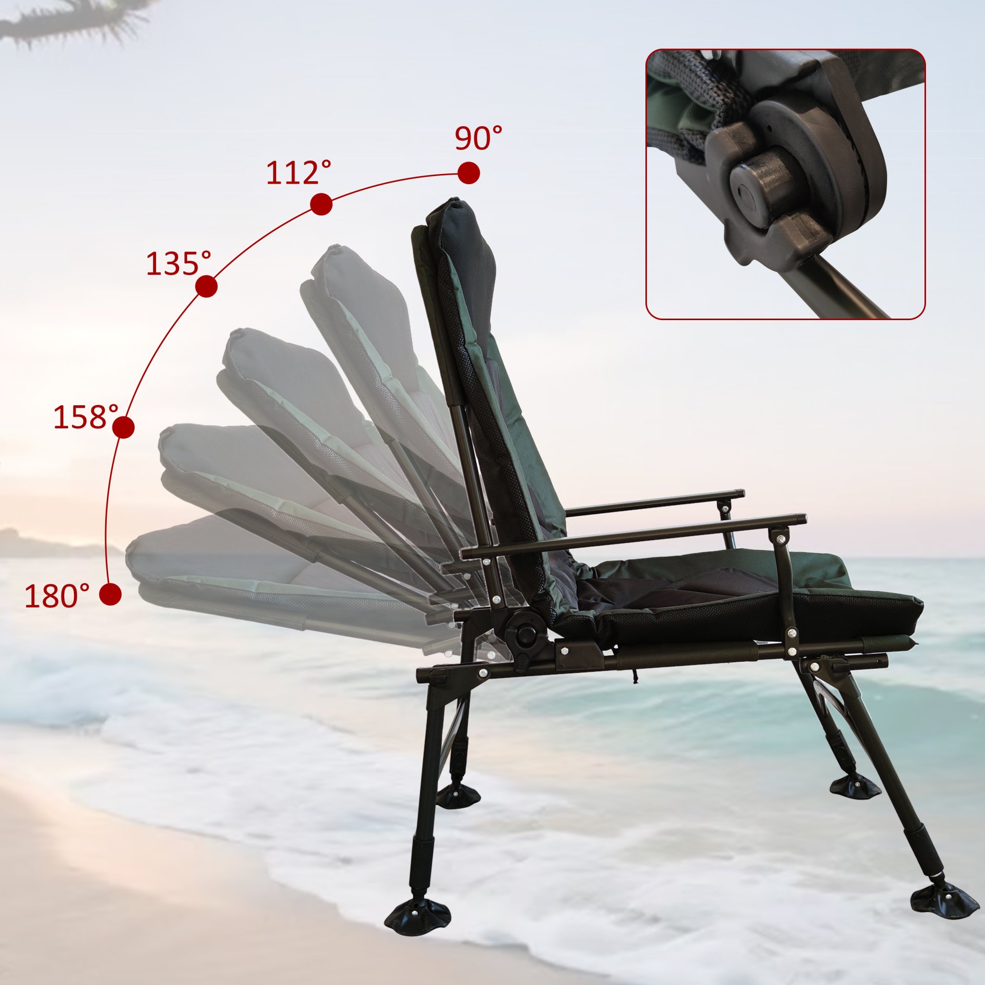 Camping Lounge Chair, Portable Folding Reclining Camping With Adjustable Backrest For Indoor And Outdoor Camping Beach Hiking Fishing - Green / Black - Image 9