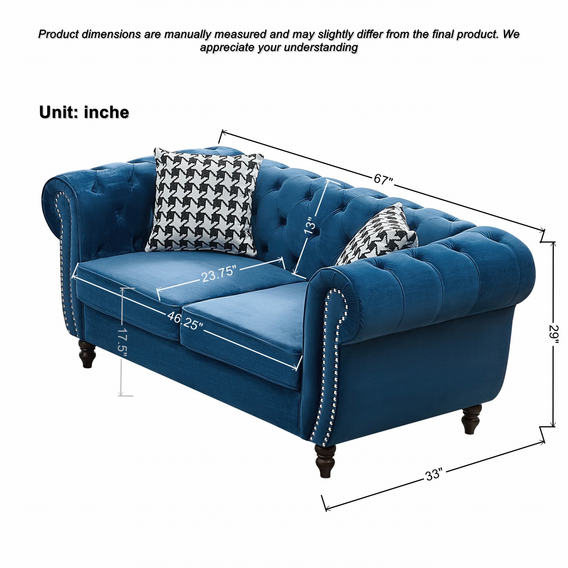 Chesterfield Sofa With Roll Armrest & Nailhead, 3 And 2 Seater - Blue - Image 8