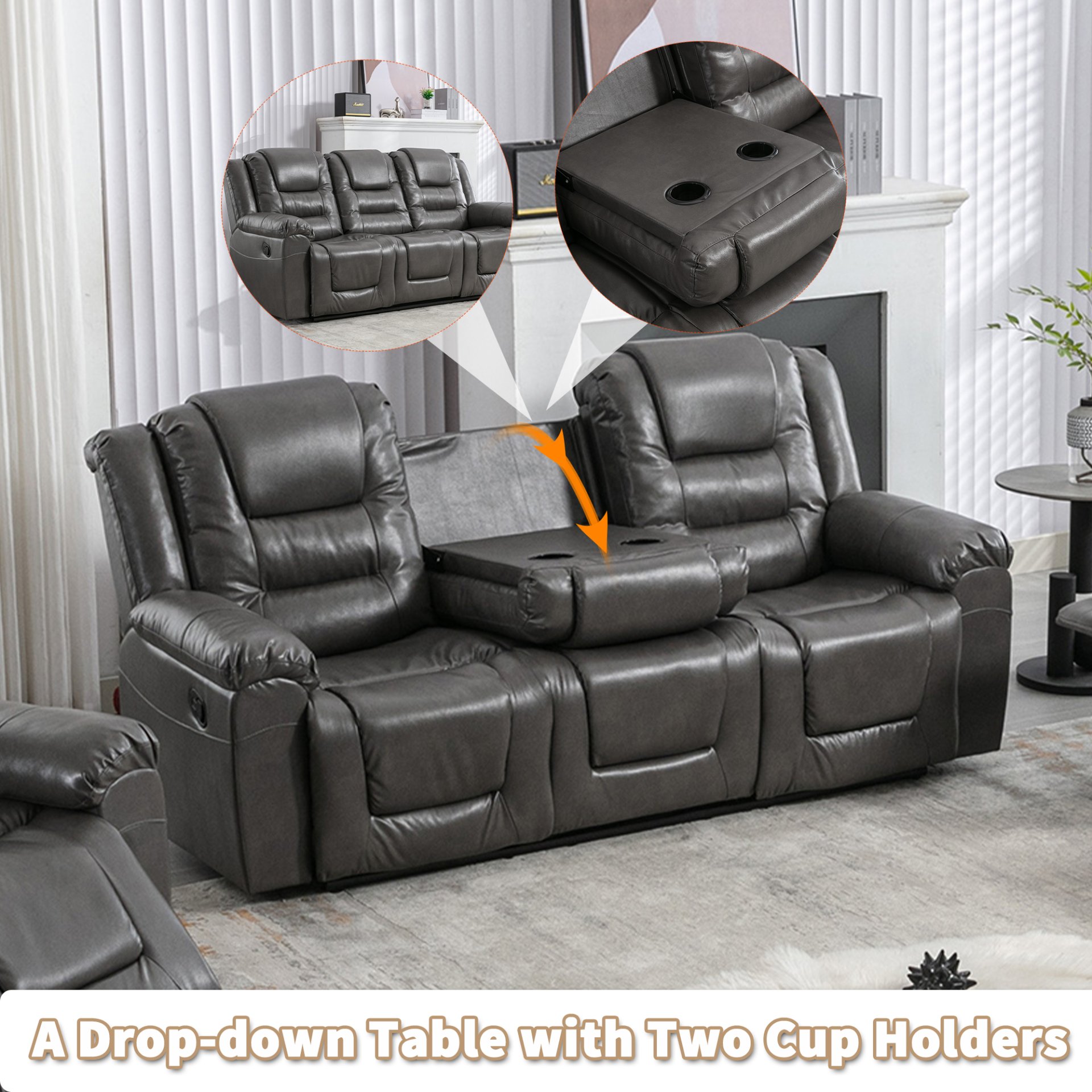 3 Seater Home Theater Recliner Manual Recliner Chair With Two Built-In Cup Holders For Living Room - Gray - Image 6