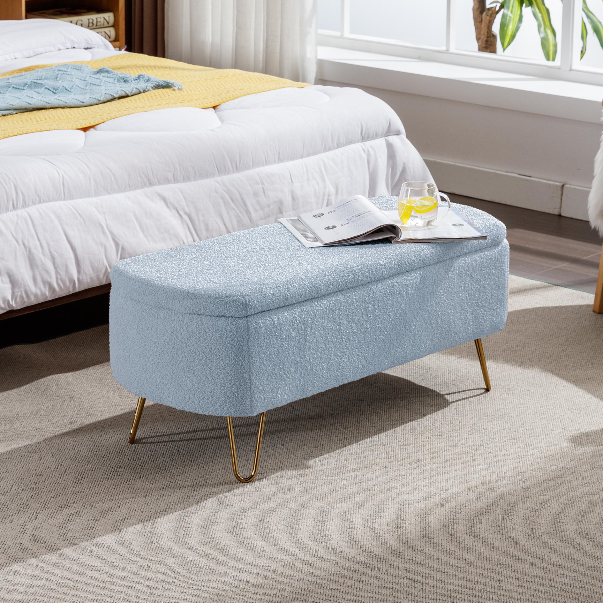 Storage Ottoman Bench For End Of Bed Gold Legs, Modern Gray Faux Fur Entryway Bench Upholstered Padded With Storage For Living Room Bedroom - Blue - Image 4