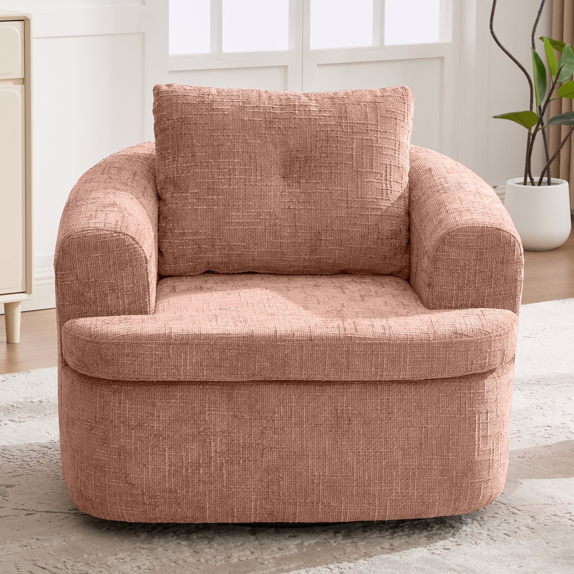 360° Swivel Accent Barrel Chair With Dual Layer Cushion, Round Seating For Living Room - Pink - Image 6