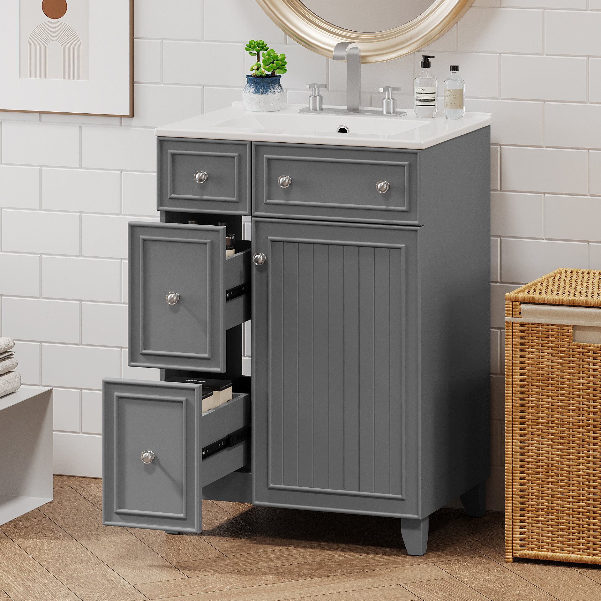 Transitional Bathroom Vanity Cabinet With Sink, 2 Drawers, 1 Soft Close Door - Gray - Image 4
