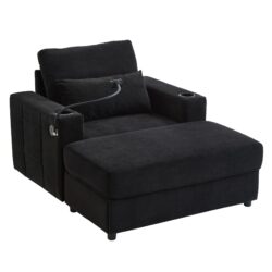 Modern Style Armchair Chaise Lounge Sofa Couch With Movable Storage Ottoman, USB Ports, Cup Holders & Side Pockets Chenille - Black